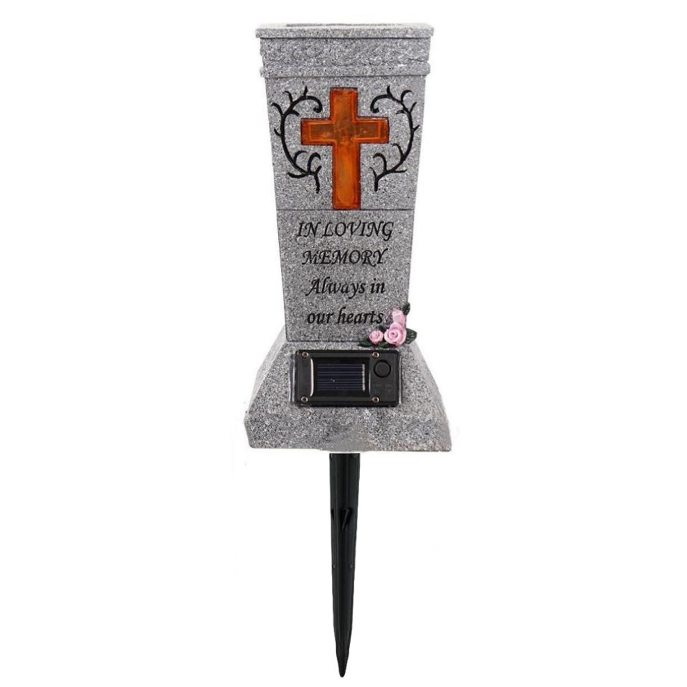 Ginwrek Cemetery Vases with Spikes Cemetery Vase, Solar Grave Flower Holder with Glowing Cross Resin Grave Outdoor Decorations, Grey, 15.2 Inch