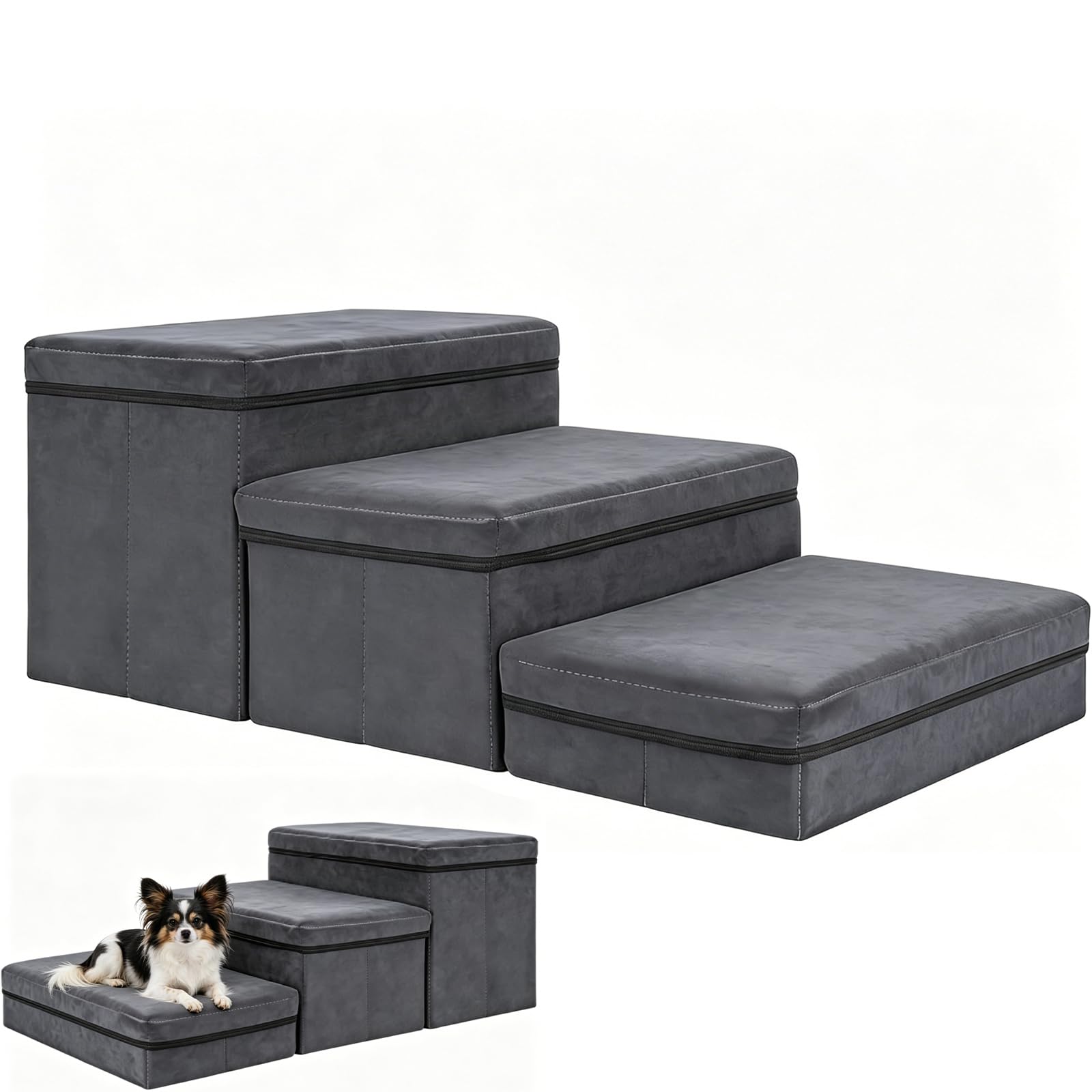 Hundetreppe mit Stauraum, faltbar, 3 Stufen, rutschfeste breite Hunderampe, Haustiertreppe für Bett und Sofa, Haustierleiter für kleine & große Hunde & Katzen (75 × 40 × 30 cm)