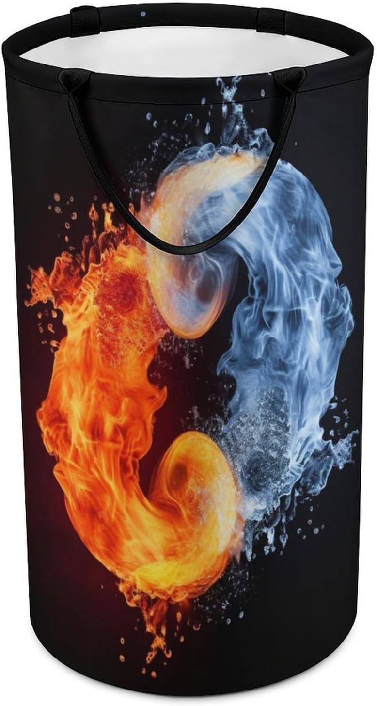 Yin Yang Fire Water Laundry Basket Freestanding Laundry Hamper with Handles Waterproof Dirty Clothes Hamper Collapsible Washing Bin Aesthetic Clothes Basket for Bathroom Bedroom Dorm