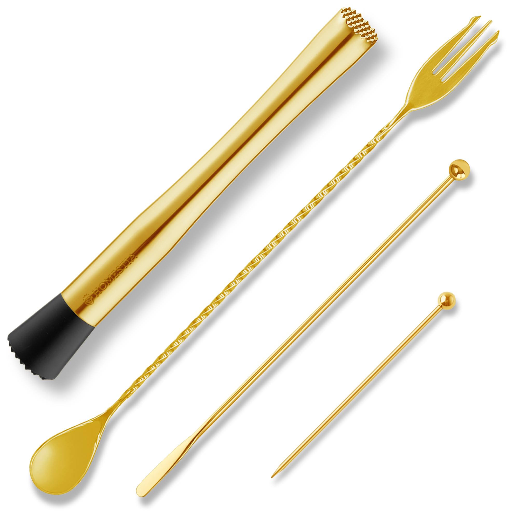Homestia4PCS Double-Headed Muddler Set, 10 Inch 304 Stainless Steel Cocktail Muddler for Mojito and Fruit Drinks, Home Bar Tool Set of Bar Spoon Swizzle Stick Cocktail Pick Gold