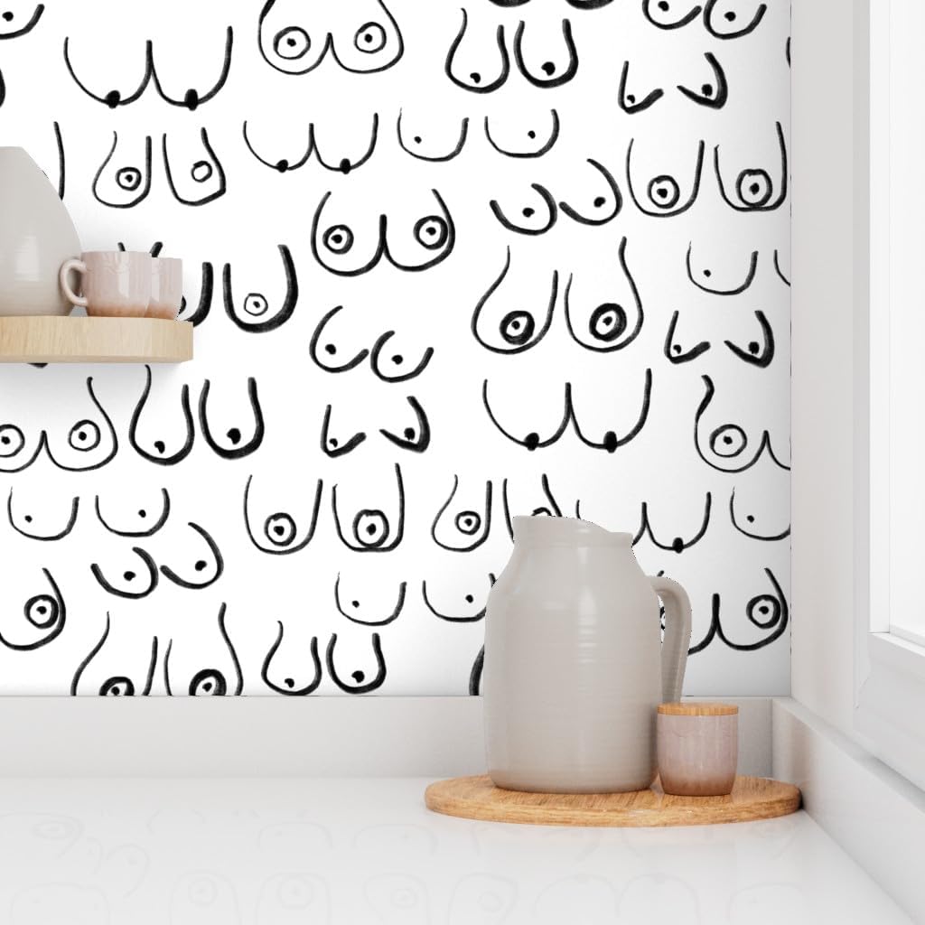 Peel & Stick Wallpaper 3ft x 2ft - Large Black White Feminine Lady Trendy Line Drawing Women Custom Removable Wallpaper by Spoonflower
