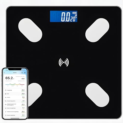 Báscula digital inteligente para peso corporal con aplicación Bluetooth, plataforma de vidrio negro, seguimiento de IMC, pantalla LCD, monitor de