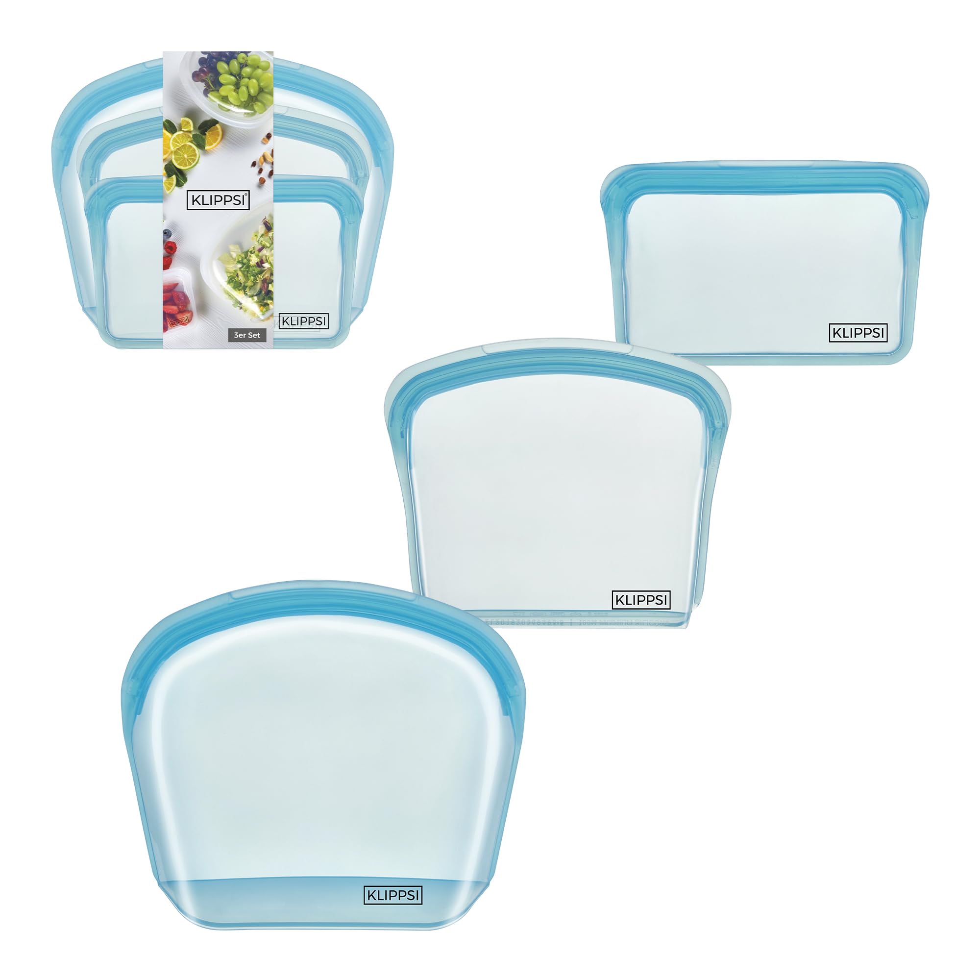 KLIPPSI Reusable Silicone Bags, Set of 3, Blue, Zipper Closure, 100% Platinum Silicone, BPA-Free, Airtight, Leak-Proof - Image 2