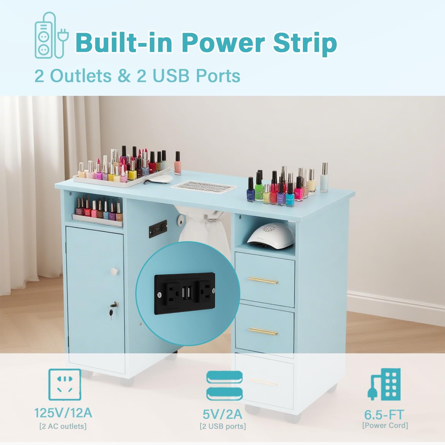 Manicure Table Nail Desk for Nail Tech with Dust Collector, Charging Station, LED Lamp, Professional Rolling Nail Desk Salon Station w/Non-Woven Drawers, Nail Polish Rack, Arm Rest, Light Blue