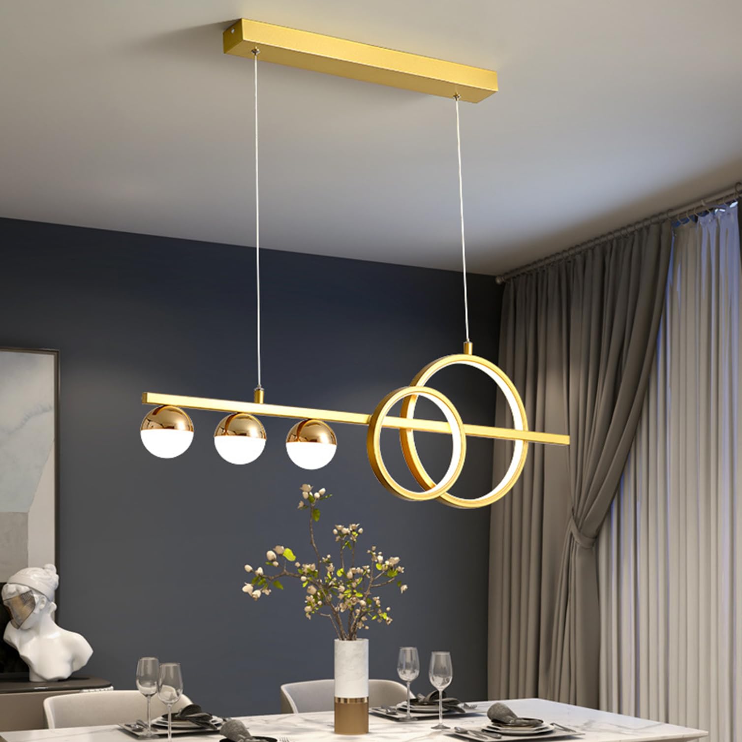LED Pendant Lamp Dining Table Dimmable Pendant Lamp with Remote Control Pendant Lamp Modern LED Ceiling Light, Dining Table Lamp Pendant for Dining Room Kitchen Office Light (Gold, L80cm)