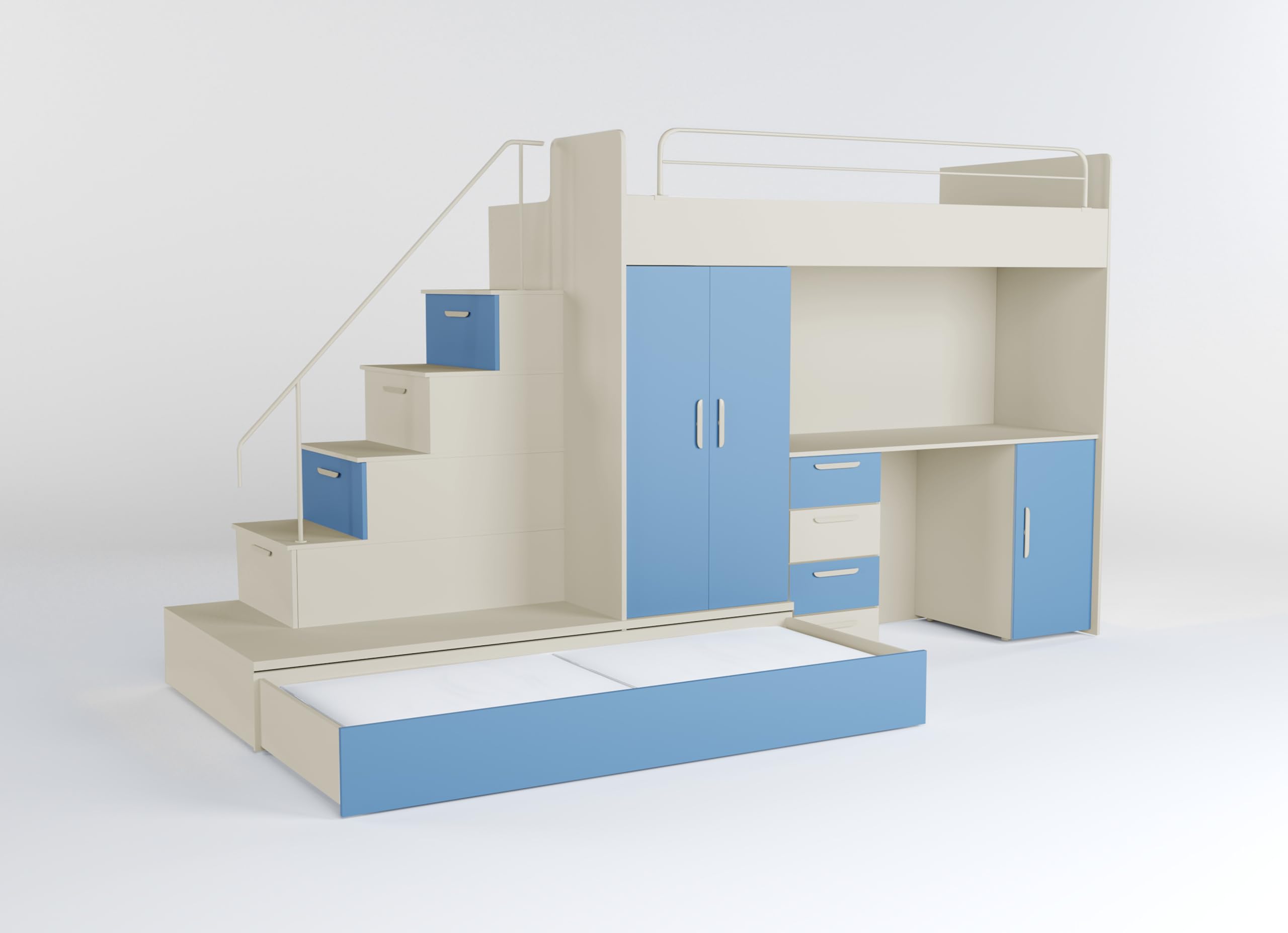 Generisch Hochbett mit Schreibtisch TOMI 5, Schrank, Treppe und Gästebett in Hochglanz (Cashmere + Hellblau, Matt, Mit Matraze und Matrazenrahmen)
