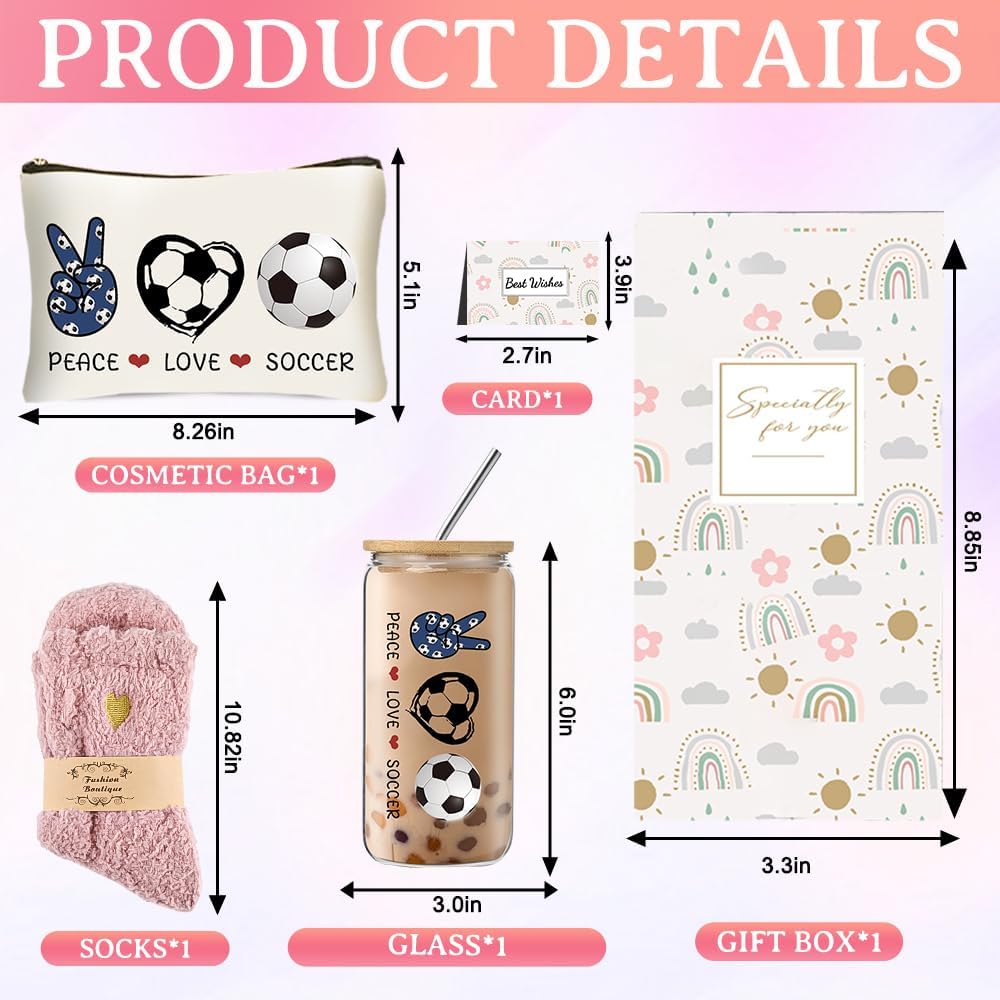 DHQH Soccer Gifts for Women, Birthday Gifts for Soccer Lover,16oz Glass Cup Set with Cosmetic Bag - Image 2