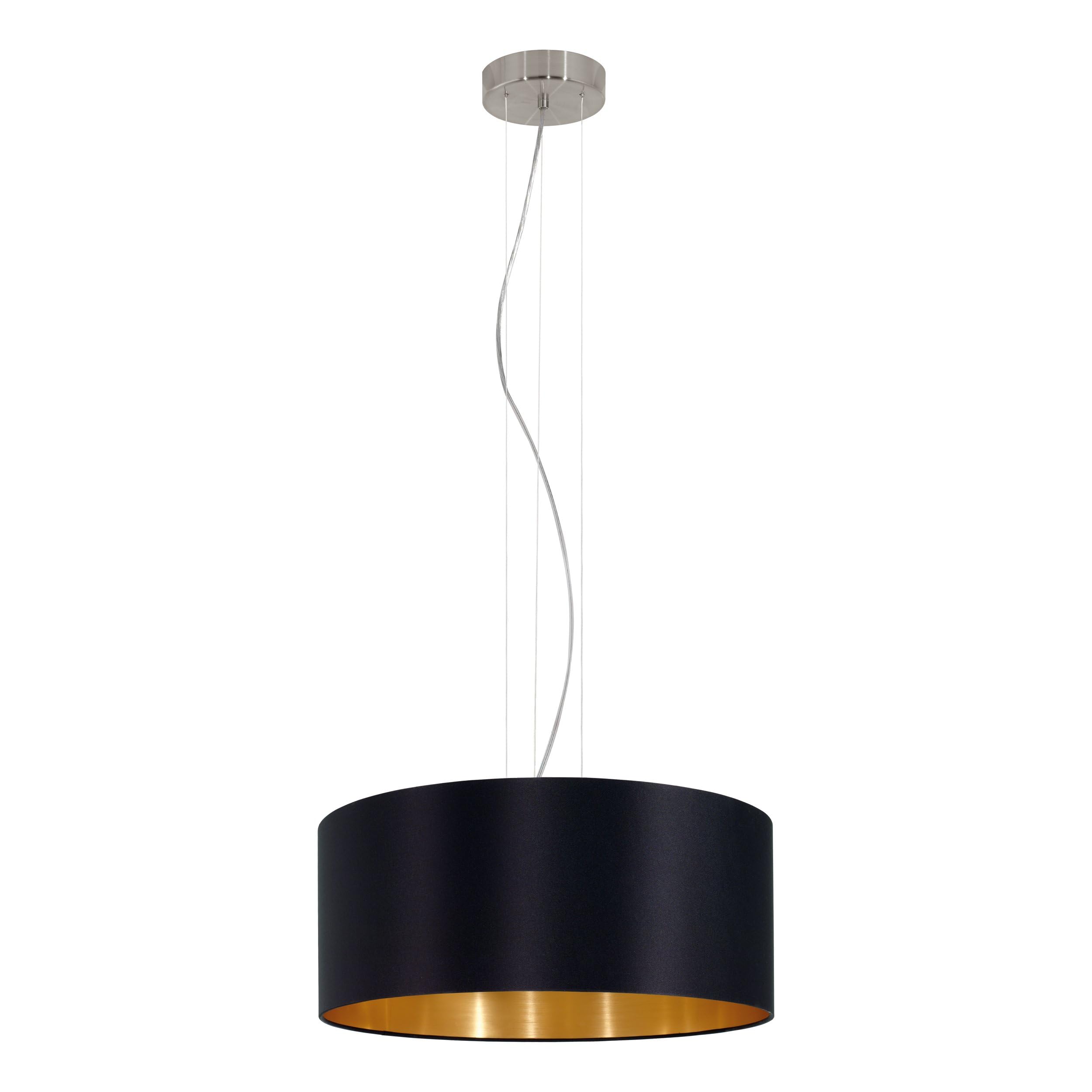 EGLO Pendellampe Maserlo, 3 flammige Textil Pendelleuchte | Hängeleuchte aus Stahl in Silber und Stoff in Schwarz und Gold, E27 Fassung, Ø 53 cm