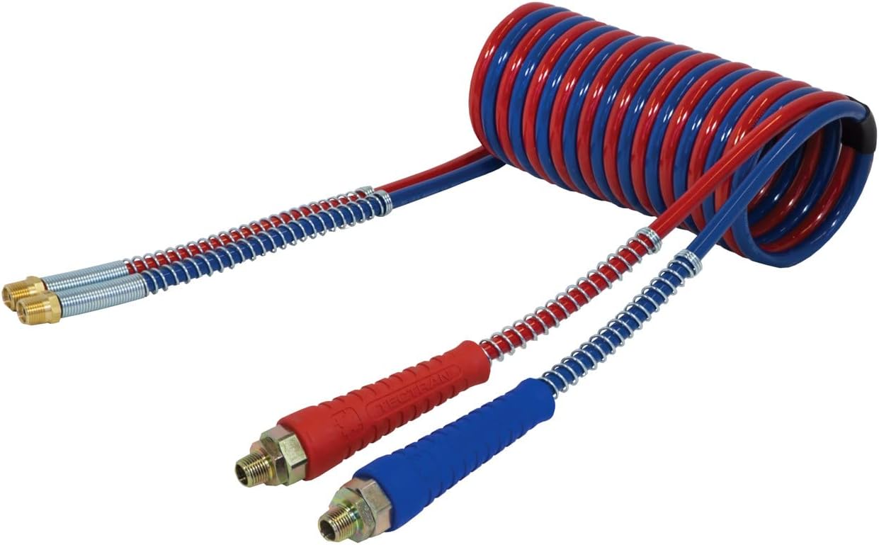 Tectran MAGNUMFLEX-HD™ Premium Dual Line Truck Air Brake Hose Coils | Flexible Grip | Corrosion Resistant | 14" Trailer Lead | 1/2” O.D. Fittings | (Red & Blue Set, 15' Length x 48" Tractor Lead)
