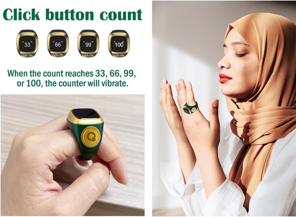 Smart Ring Counter, Smart Tasbih Zikr Ring, Muslim Islamic Prayer Smart Rings,Tasbih Counter Smart Ring, Digital Electronic Smart Tally Counter, Tasbeeh Smart Counter for Prayer (Green, 20mm)