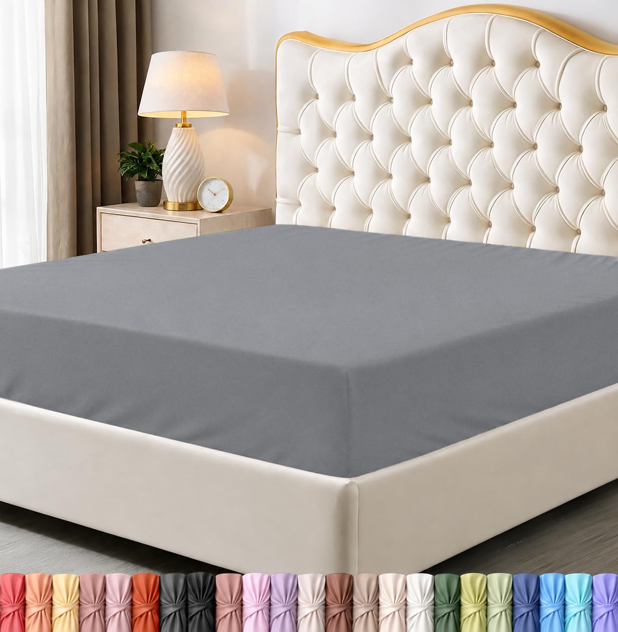 King Fitted Sheet, Ultra Soft Fits Up to 15 Inch Deep Pocket, Slub Grey — image 1