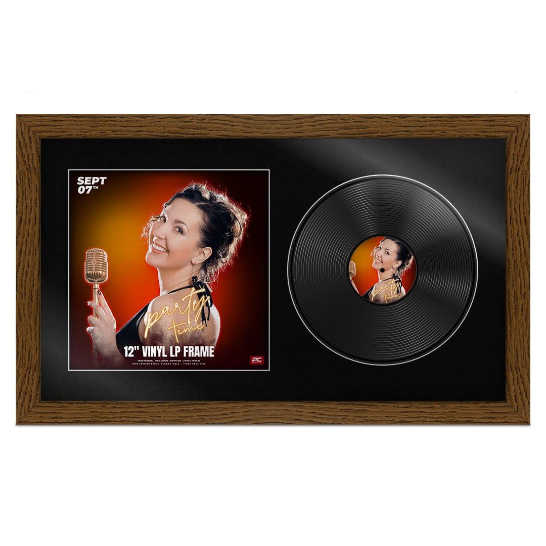 Procut Global 30X17" Dark Oak Vinyl Record Frame for 12 Inch LP Cover & Disc - Premium Display Photo Frame -Engineered Wood with Shatterproof Perspex - Music Lover Gift & Home Décor