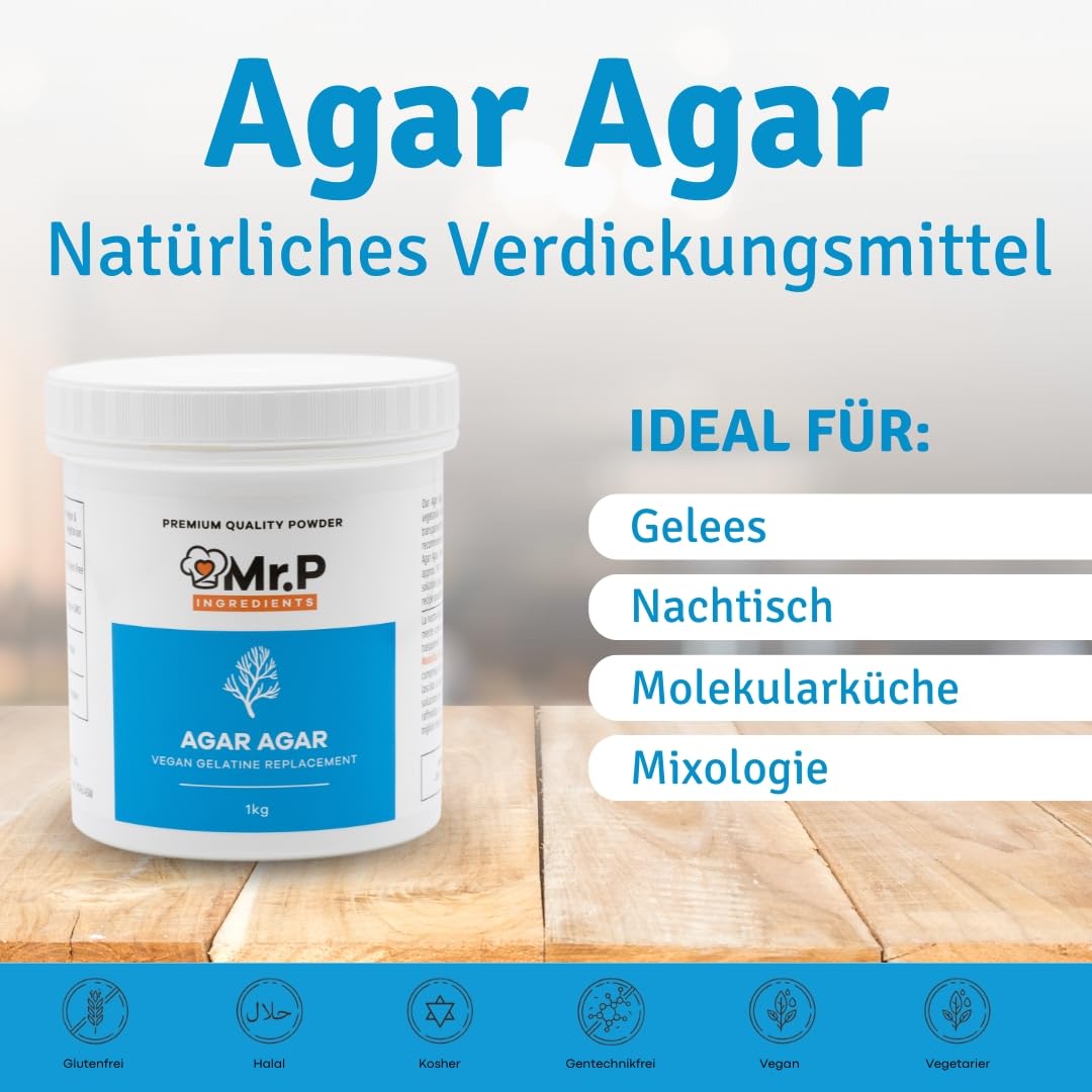 Mr.P Ingredients Agar Agar Pulver 1kg Dose, Natürliches und Pflanzliches Lebensmittelverdickungsmittel für Gelees, Dessert und Molekularküche und Mixologie, Glutenfrei, Ohne GVO, Halal, Koscher, Vegan