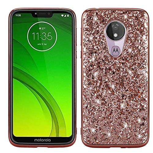 WIWJ Motorola Moto G7 Play Glitter Case,Soft Silicone Case Glitter Sparkle Sequins Rhinestones Glossy Case Soft Protective Shell Gel TPU Diamond Bumper Back Cover Female Shell -Rose gold