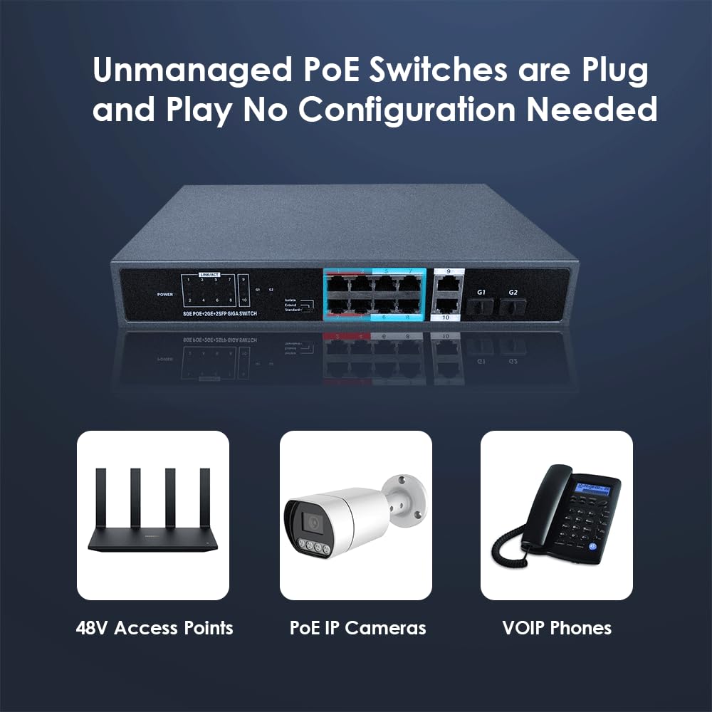 EXVIST Switch PoE Gigabit ON-PFS-10G2F 10 Ports, 8 Ports PoE+ @135W, 2 Slots SFP, Non géré Plug&Play, IEEE 802.3af/at, 30W/Port, boîtier métal IP30.