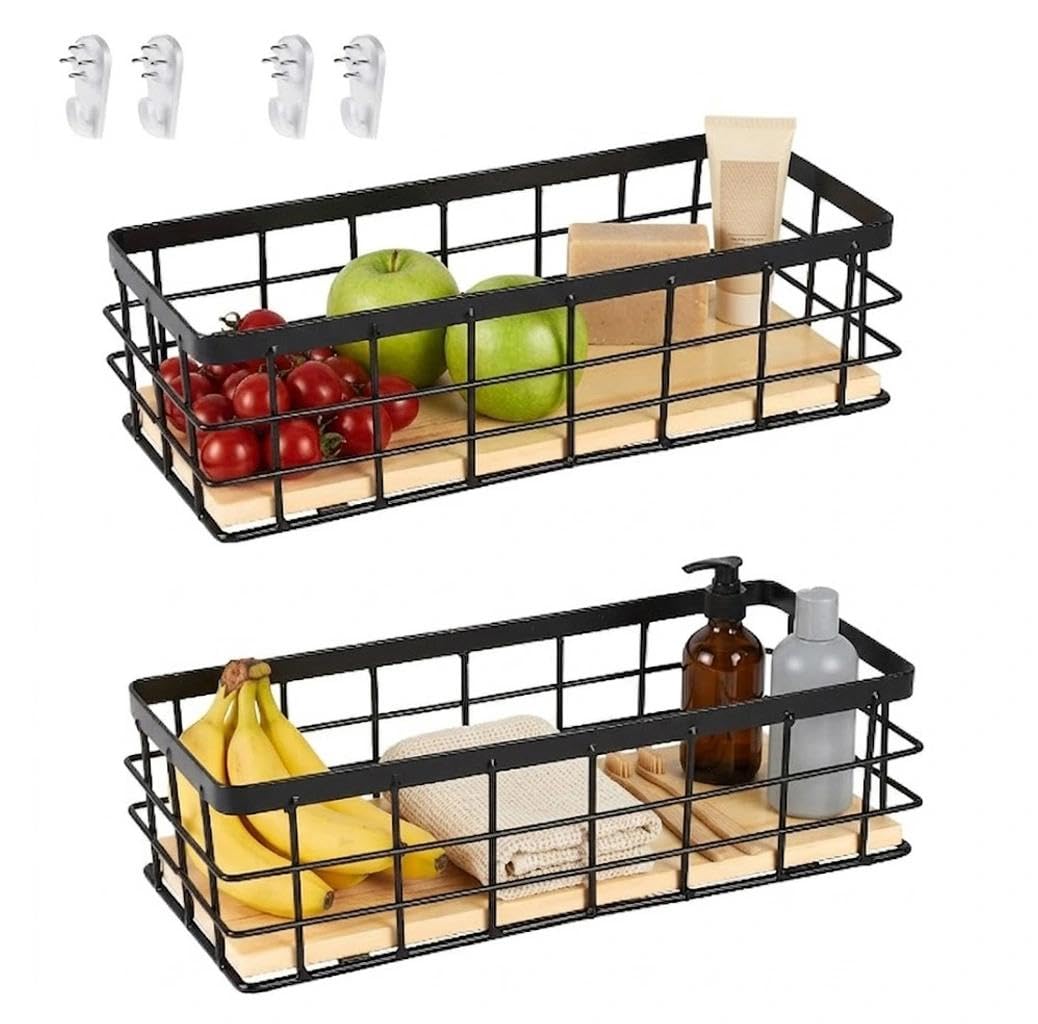 Cestas decorativas para el hogar: organizador de pared de metal negro y madera