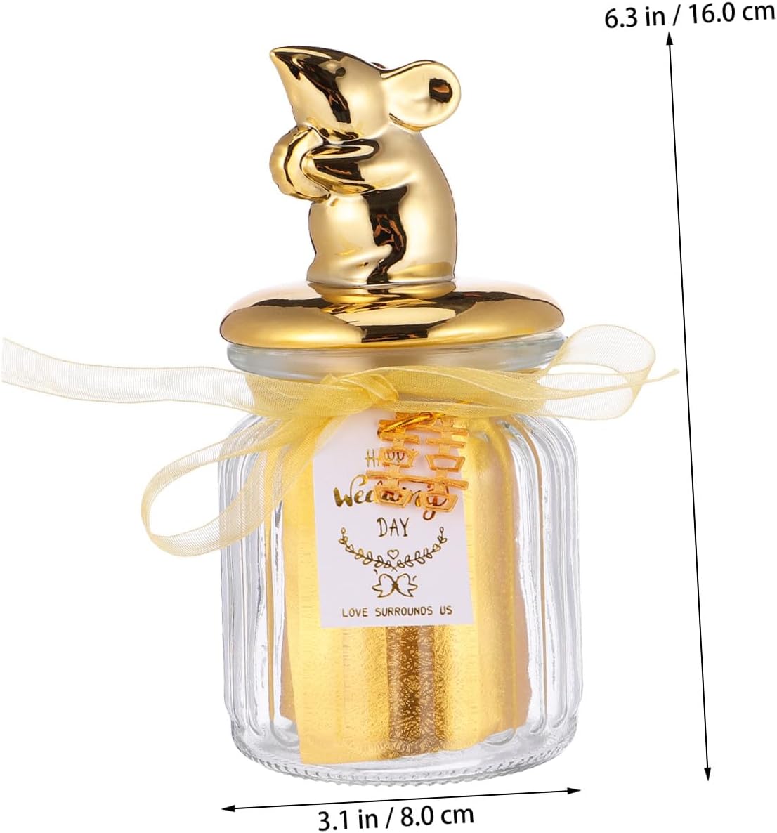 Operitacx Glass Candy Jar with Golden Ceramic Lid, Sealed Storage Bottle for Wedding and Party Favors, Decorative Dessert Display Container for Snacks and Candies