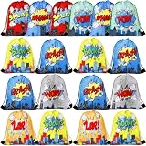Clabby 12 Pcs Hero Party Drawstring Backpacks Bulk Hero Party Favors Gift Bags Comic Book Boom Goodie Candy Treat Bag for Birthday Party