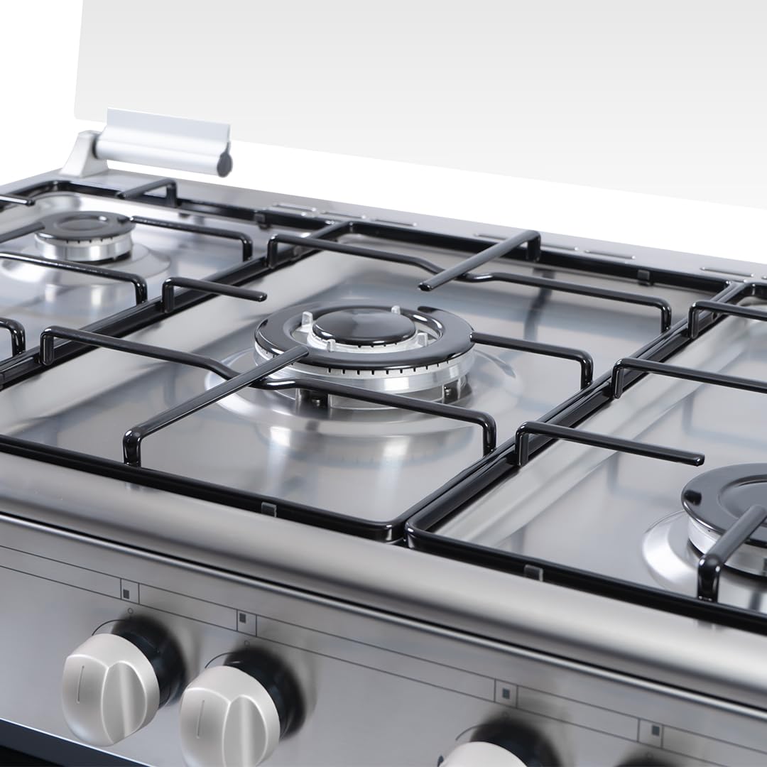 Svan Cocina Gas Butano 5 Zonas de Cocción, Horno 59 L, Inox SKGW5901PBX. Control Manual, Quemador WOK triple llama, 2 Programas de Cocción, Compartimento Bombona, Cristal en Puerta de Doble Capa
