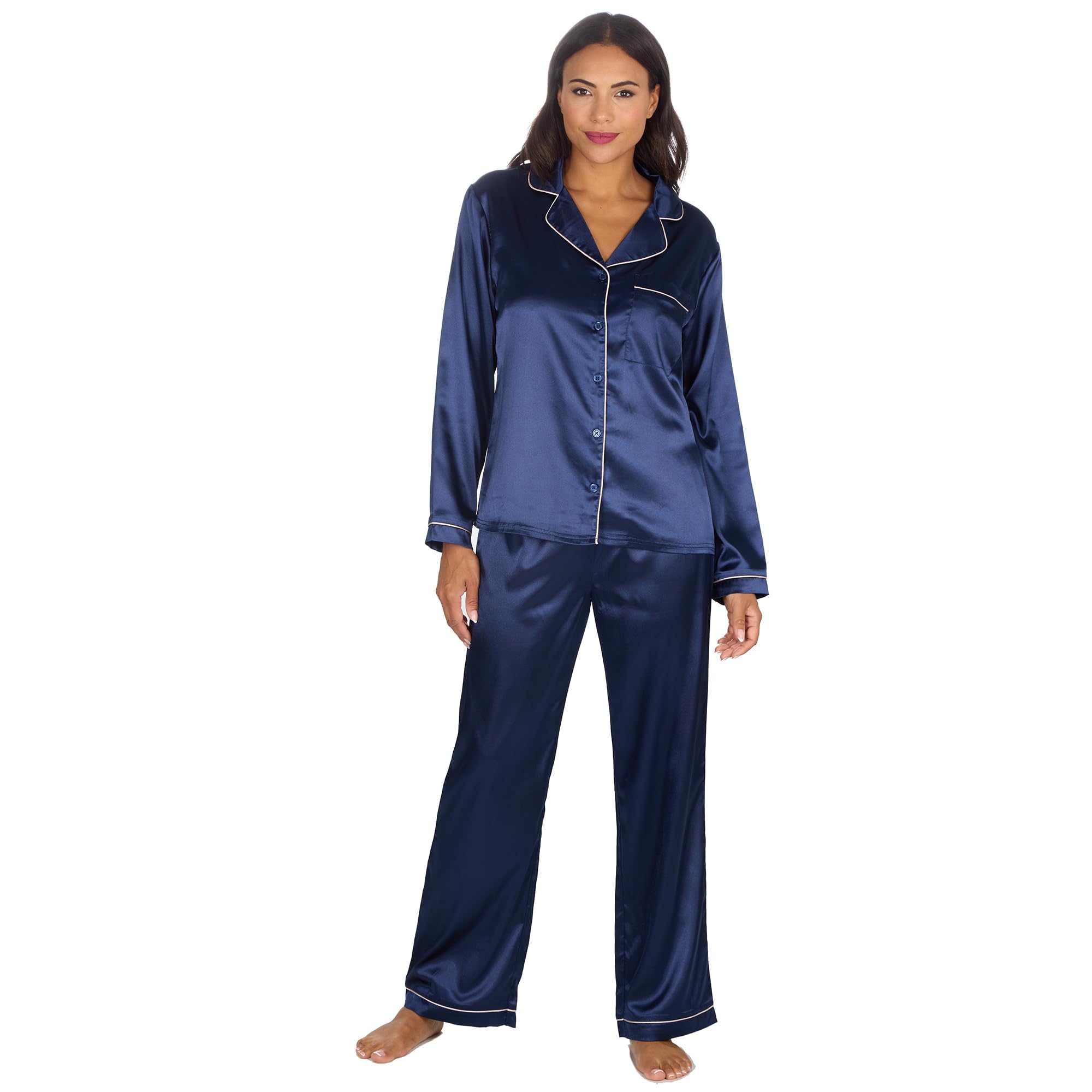 Undercover Ladies Satin Long Pyjamas 34B2110 Navy 10-12