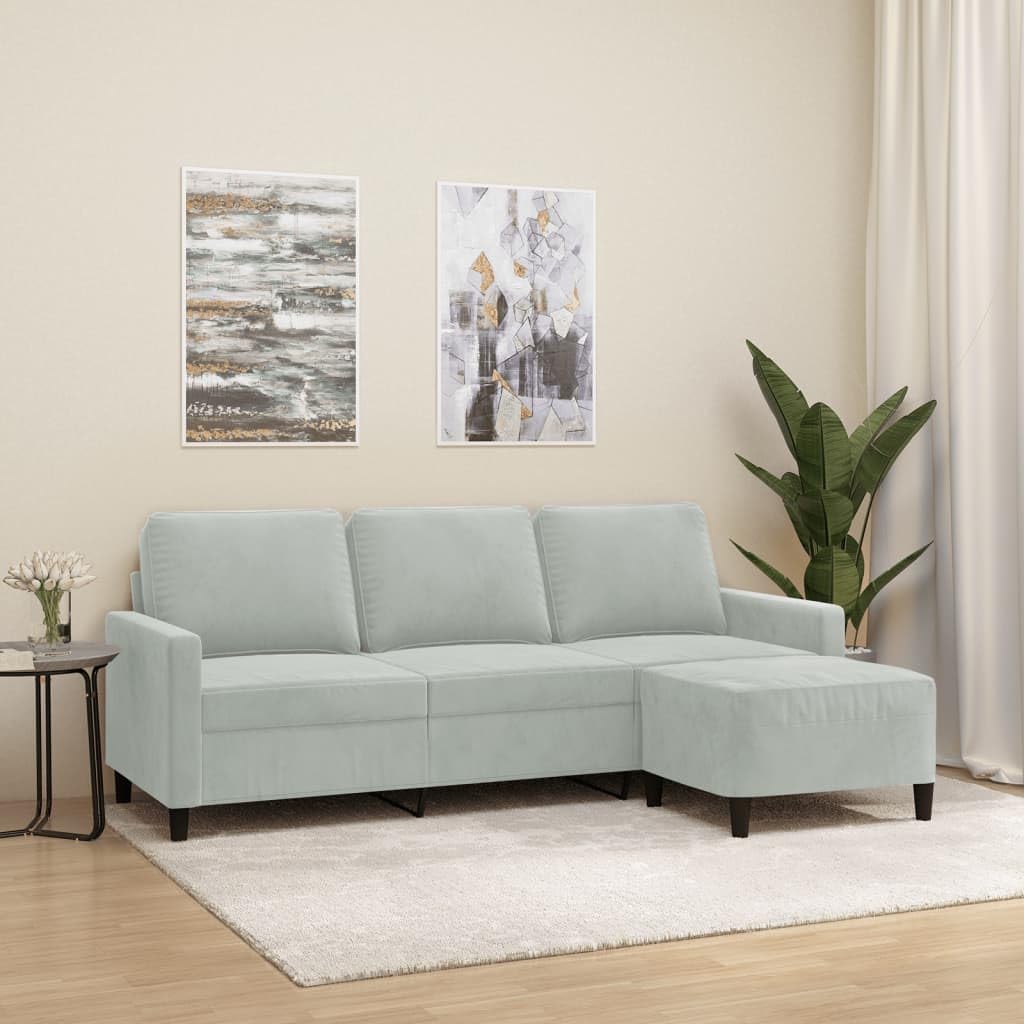 vidaXL Sofá de 3 plazas con Taburete de Terciopelo Gris Claro 180 cm