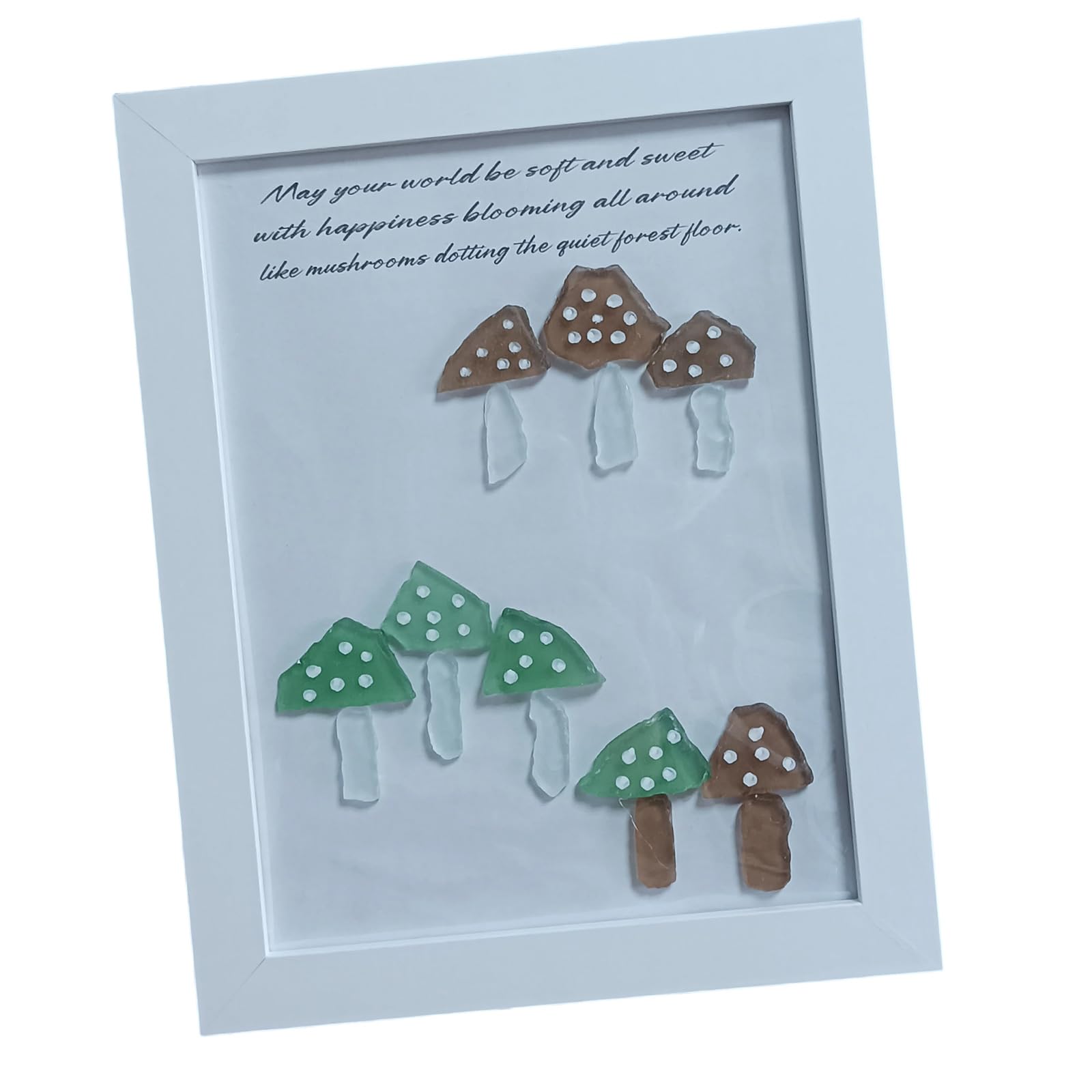 Kaeltsyn Multicolored Mushroom Themed Wall Art Sea Glass Framed Tabletop Ornament Home Decors for Birthday Holiday Gift Giving Coastal Theme Desk Decors