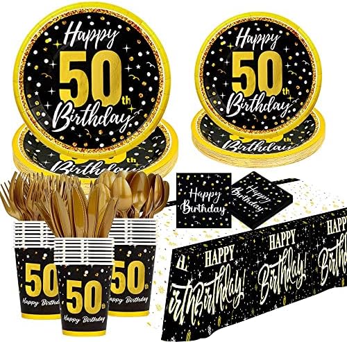 50th Birthday Decorations for Men Women, Black Gold Birthday Supplies Plates and Napkins, Cups, Knives, Forks, Spoons Included, Tablecloth, Tableware for 24 Guests(Total 169pcs)