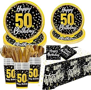 50th Birthday Decorations for Men Women, Black Gold Birthday Supplies Plates and Napkins, Cups, Knives, Forks, Spoons Included, Tablecloth, Tableware for 24 Guests(Total 169pcs)