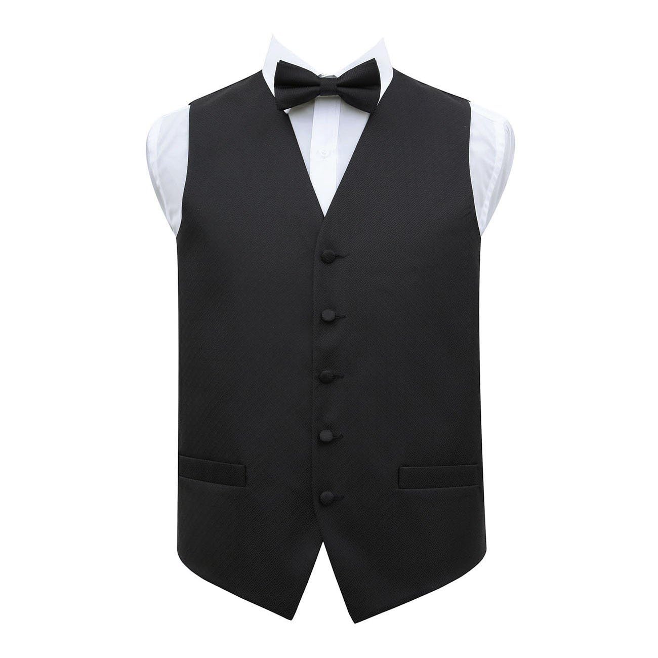 DQT Mens Greek Key Jacquard Waistcoat & Pre-Tied Bow Tie Set (2pc) - Wedding, Business & Formal - Black 50" (5XL)
