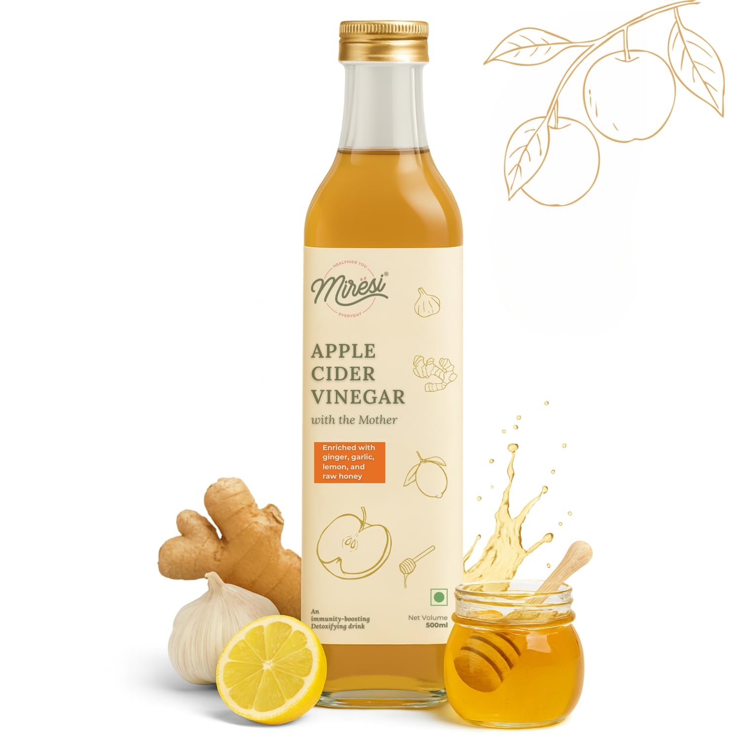 Miresi Organic Apple Cider Vinegar with Mother (500 ml) | Apple Cider Vinegar with the Mother | Glass Bottle Packaging | Infused with 2x Mother, Ginger, Garlic, Lemon, and Raw Honey | Unfiltered & Unrefined | Supports Weight Loss | Promotes Skin Hydration