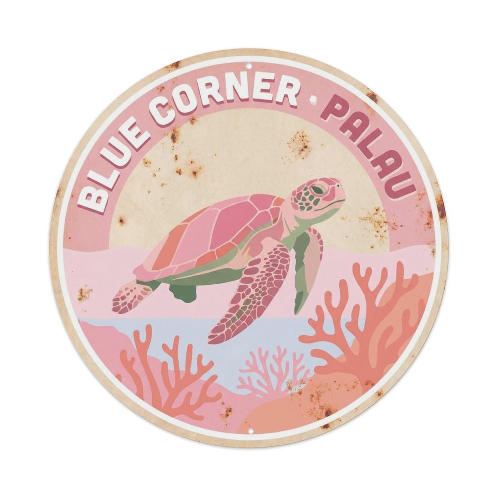 Olyhtr 8X8inch Classic Style Turtle Palau Blue Corner Marine Travel Coral Pink Metal Tin Sign