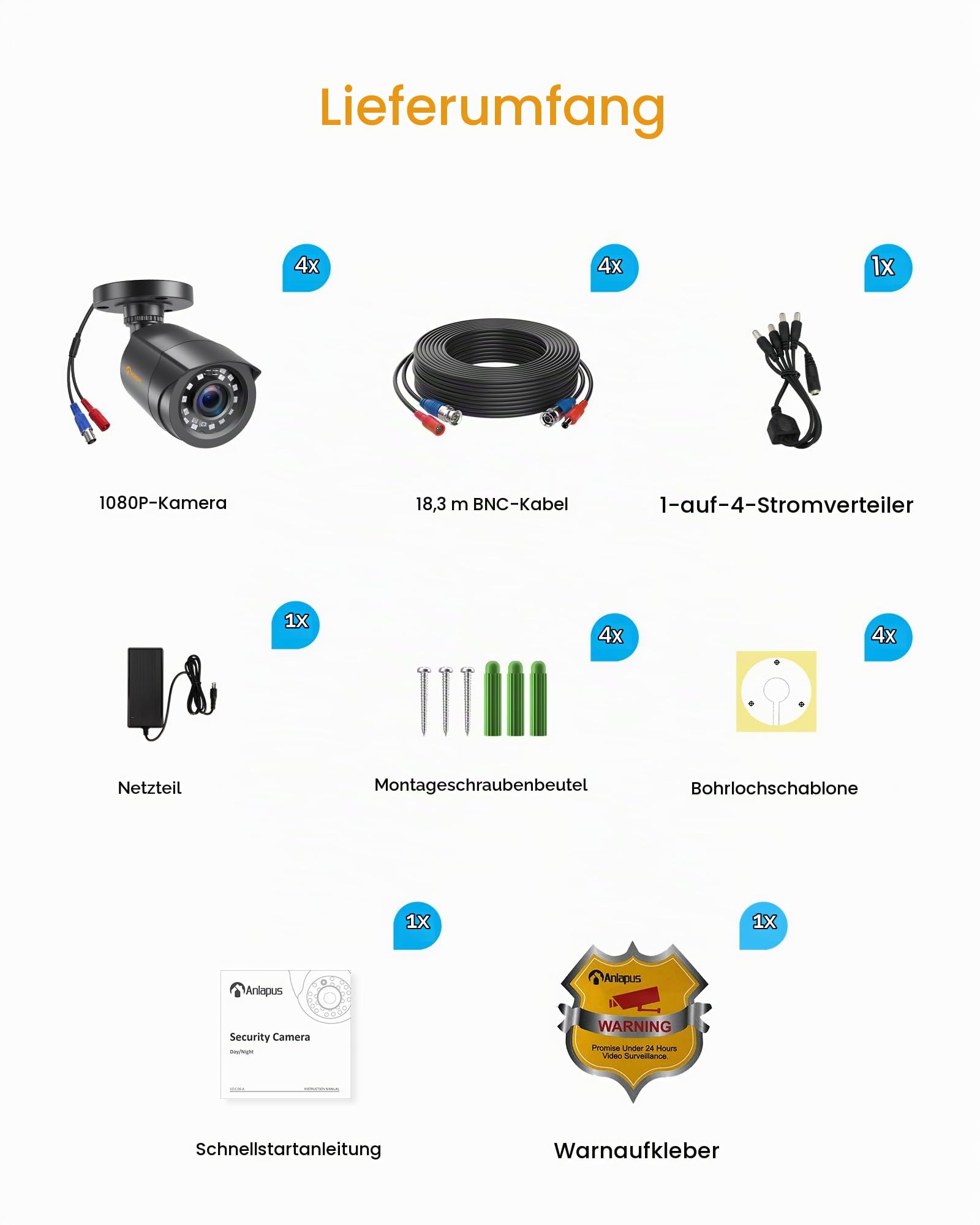 Anlapus 4x FHD 1080P Außen Video Überwachungskamera Set mit BNC Kabel und Netzteil, TVI 1080P Videoausgang, 20M Nachtsicht, Zusatzkamera für CCTV DVR System | mit BNC Kabel und Netzteil, IP66 Wasserdicht, 24M IR Nachtsicht