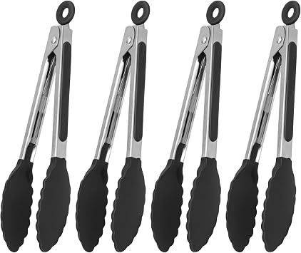 Serving Tongs Kitchen Tongs - Heat Resistant, Premium Stainless Steel Locking Cooking Tongs with Silicone Tips, Non-Slip Food Tongs for Cooking, Heavy Duty, Non-Stick 7 Inch4 Pack