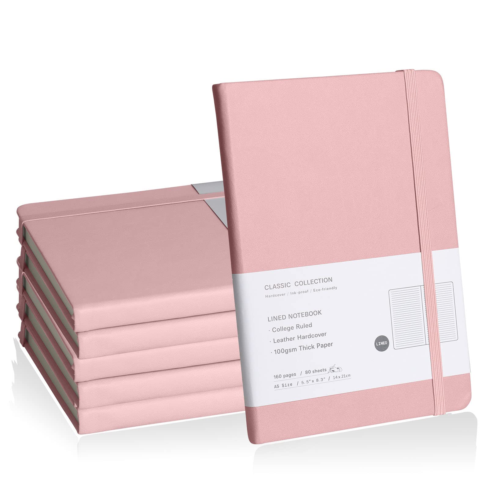 Quaderno a righe, confezione da 6 pezzi, 160 pagine, medio 14,5 x 20,3 cm, carta spessa 100 g/m², copertina rigida
