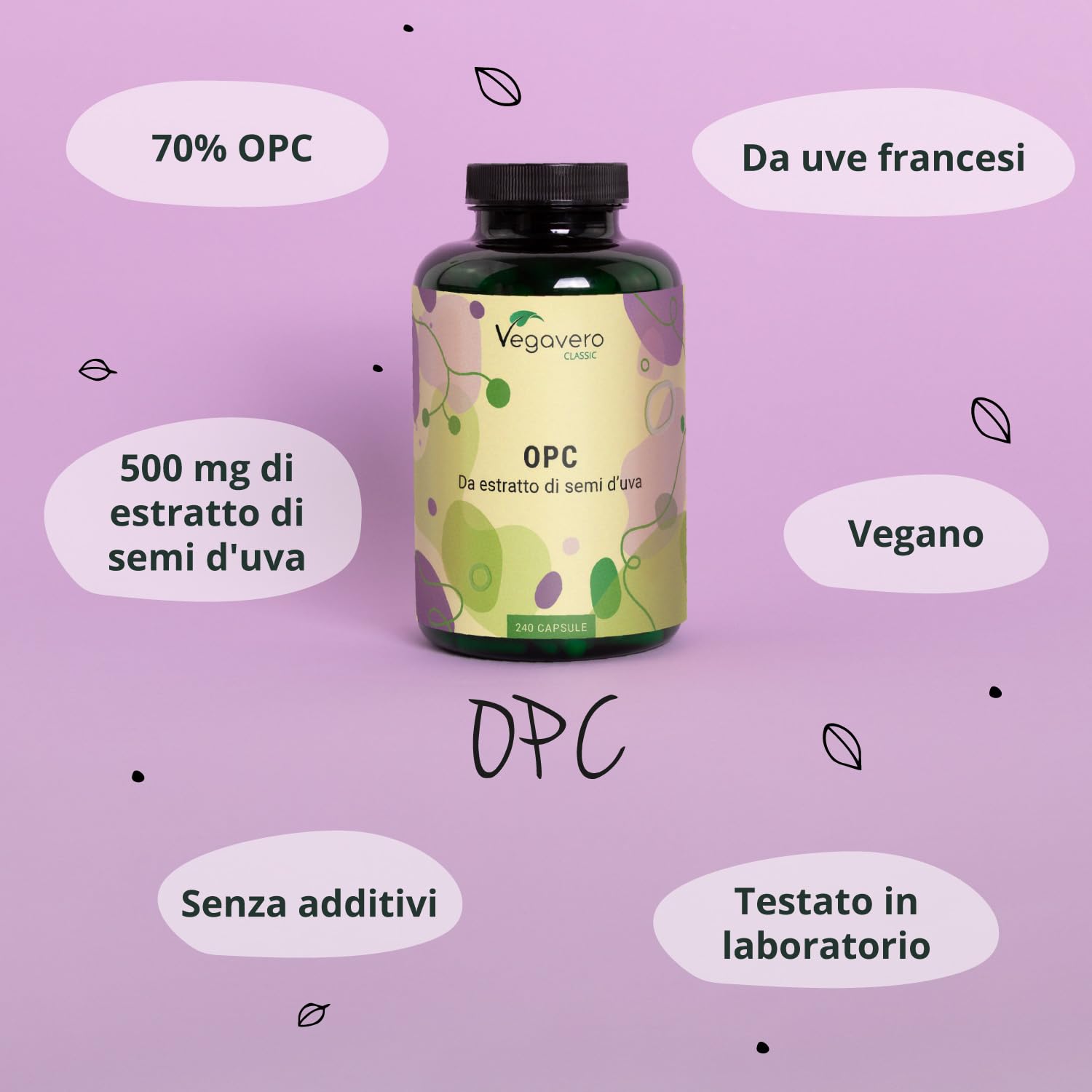 Integratore OPC | 15.000 mg (30:1) di estratto di semi d’uva | 240 capsule: 8 Mesi di Fornitura | OPC Puro da Uva Francese | Antiossidante Naturale | Senza Additivi | Vegavero®