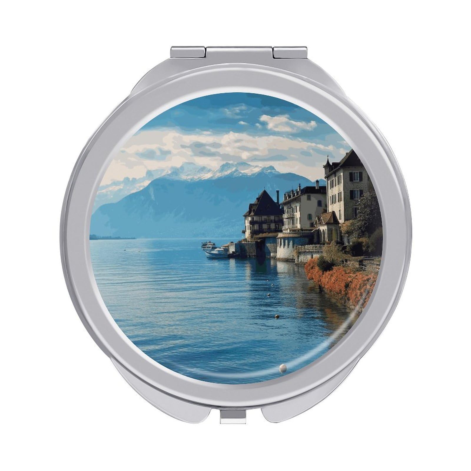 JTREHY Lake Geneva Switzerland Makeup Mirror Silver Mirror Surface Folding Makeups Mirrors Lightweight Durable Looking Glass for Suitable Traveling Handbag and Purses