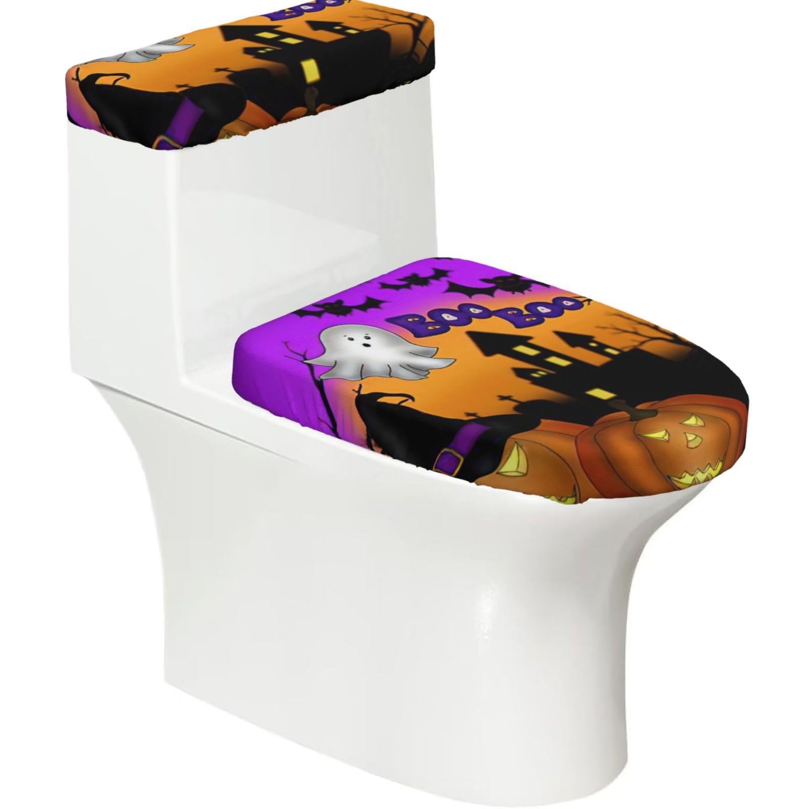 Halloween Owl Ghost Pumpkin Print Stretch Toilet Covers Set, Polyester Covers Replacement For Fits Most Size Lids Bathroom Decor
