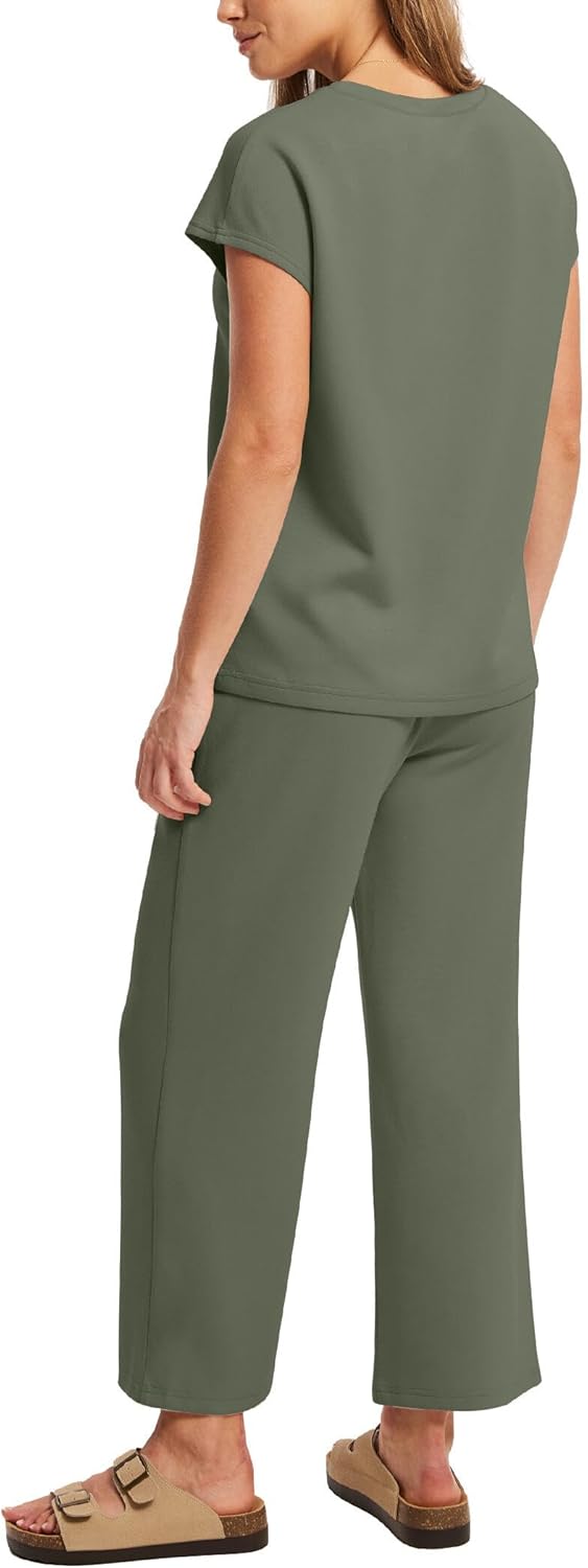 Sampeel Womens Sets Two Piece Vacation Outfits Travel Summer Beach Clothes Cozy Lounge Matching Sets Women Clothing Wide Leg Crop Pants S - Image 5