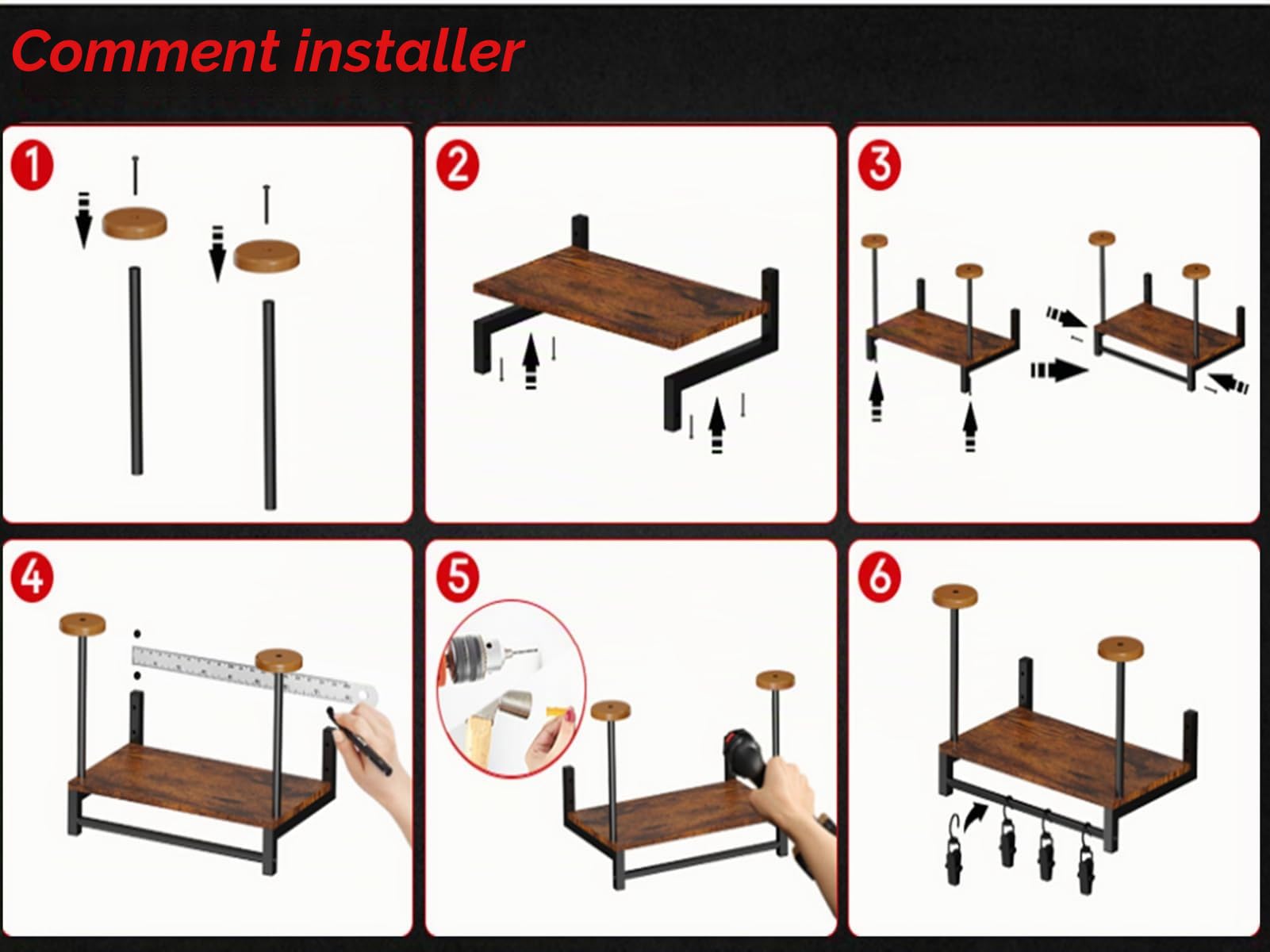 Support mural pour casque moto rétro, porte-casque en bois et métal avec 4 clips de suspension, peut accrocher 2 casquettes – rangement pour veste, gilet tactique