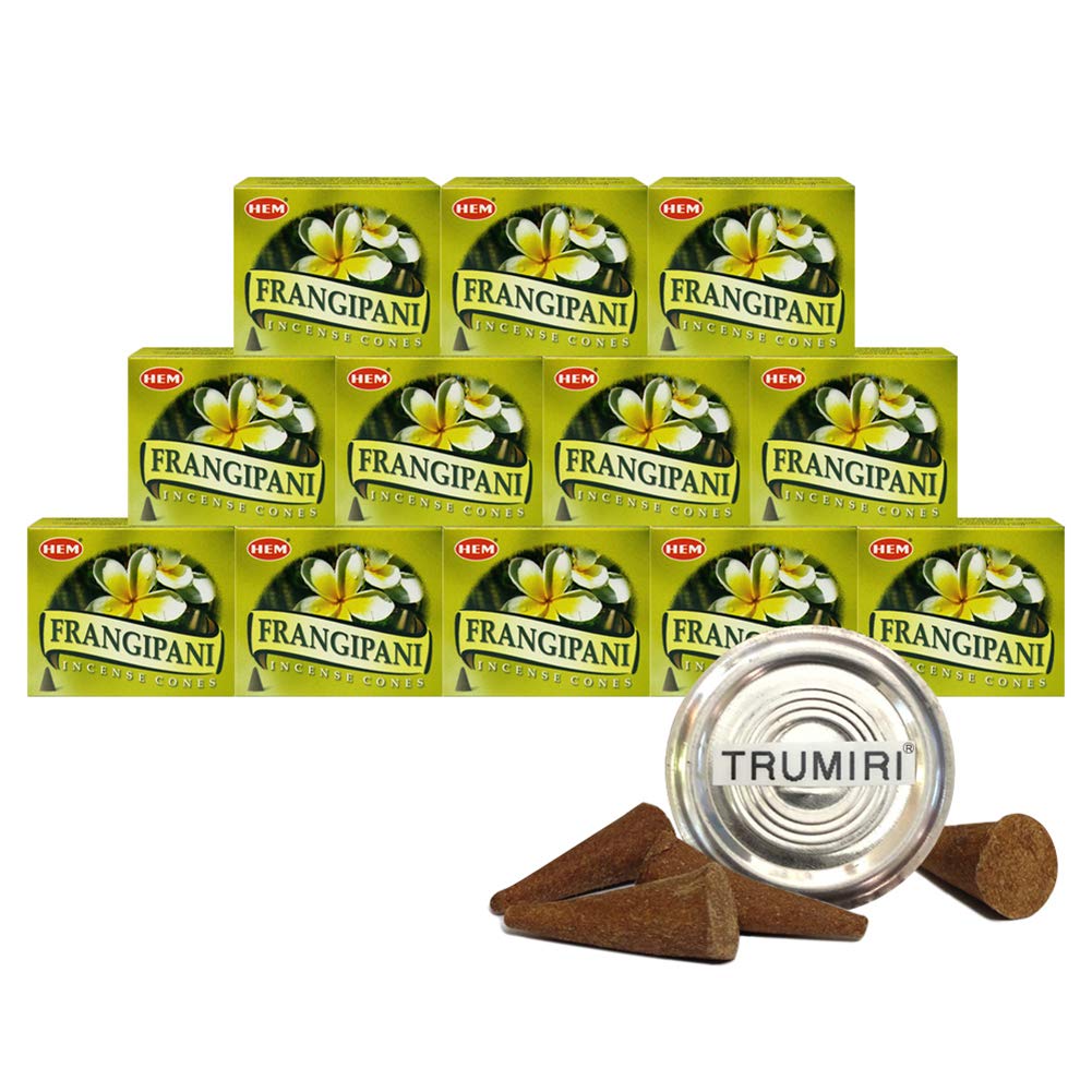 TRUMIRI Incense Cone Holder Bundle with Hem Firangipani Incense Cones - Pack of 12 (Approx 120 Cones)