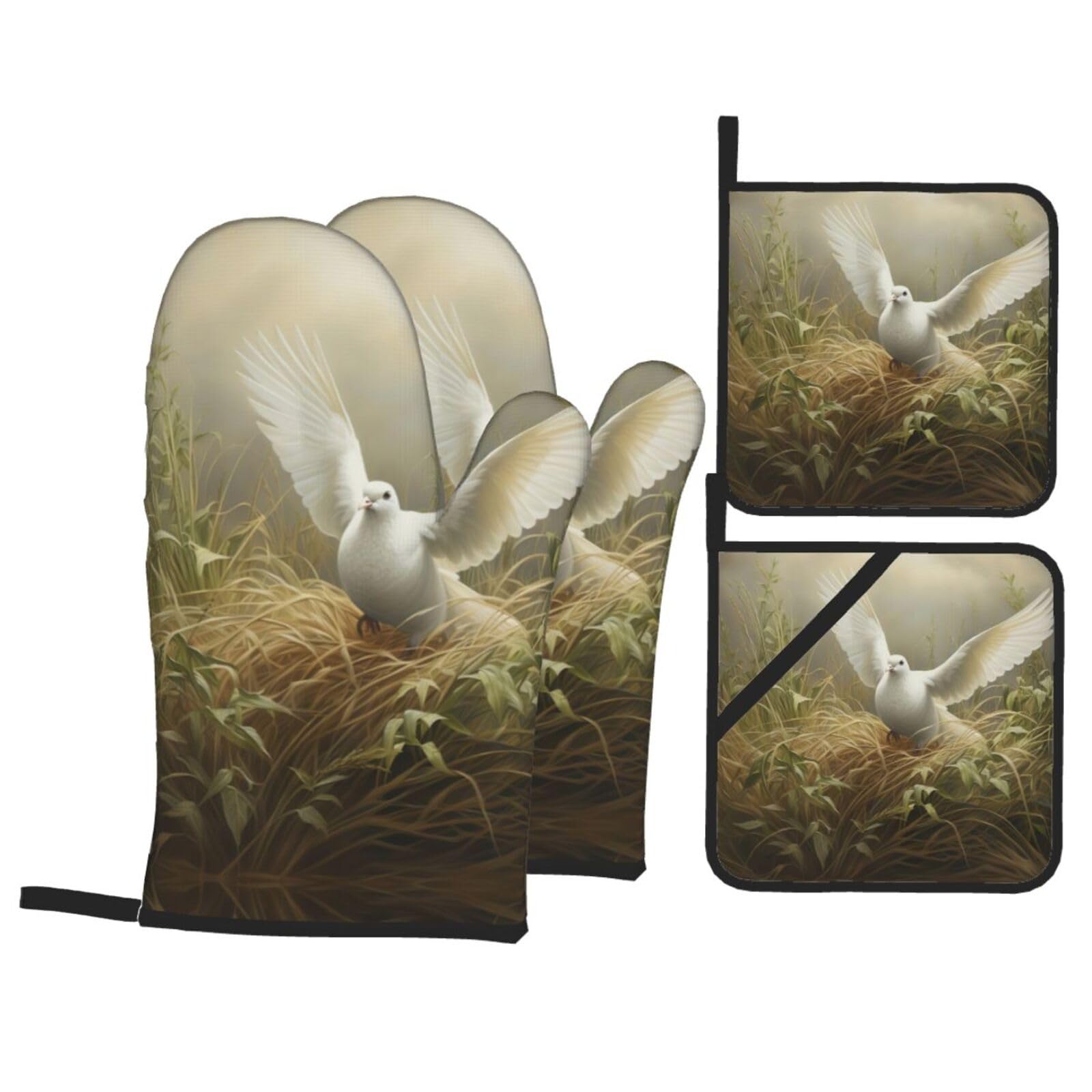 Grass and dove Print Oven Microwaving Waterproof Kitchen Gloves for Baking Grilling Holiday Cooking