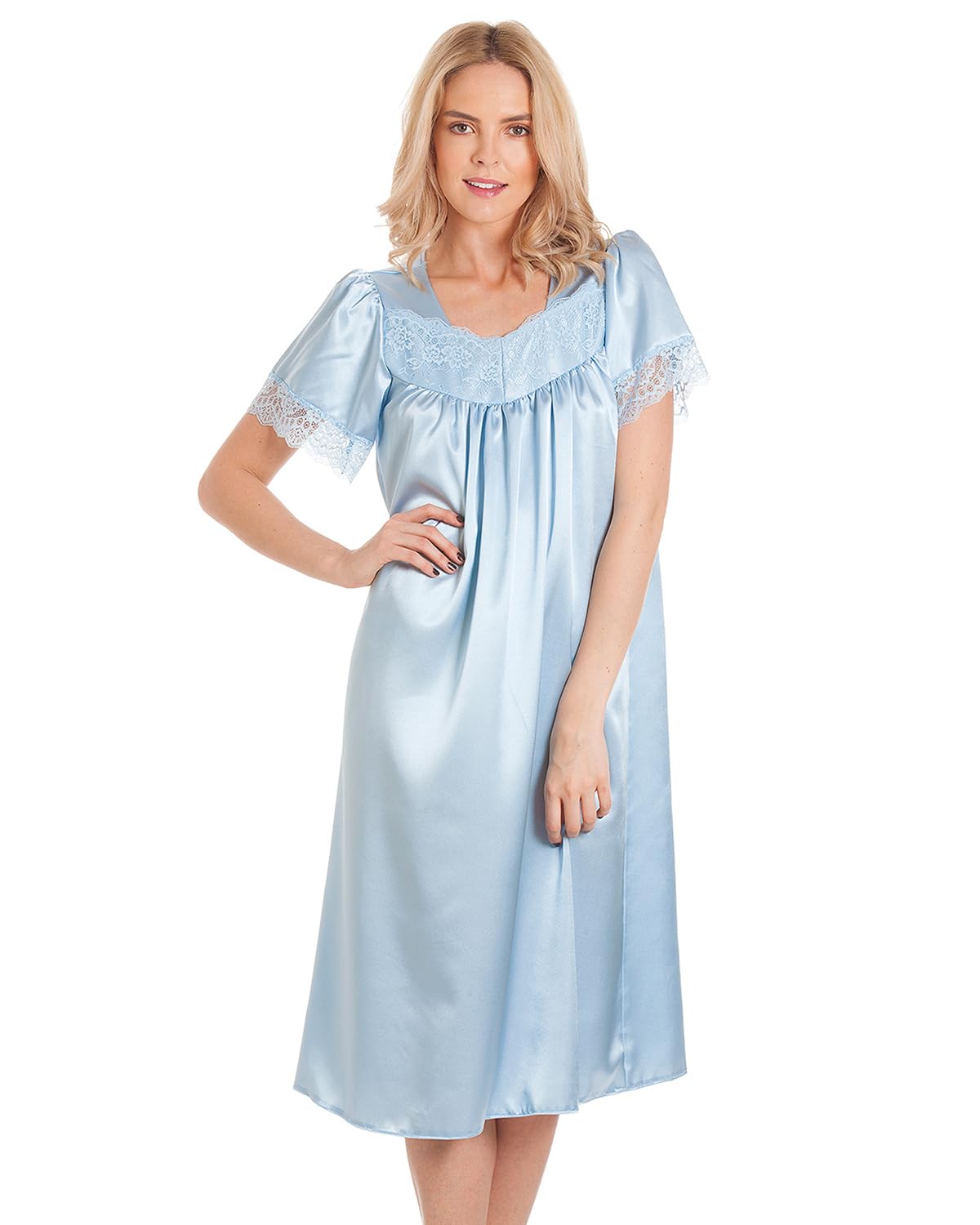 Slumber Hut Women's Blue Satin/Lace Short Sleeve Nightdress Os 18-20