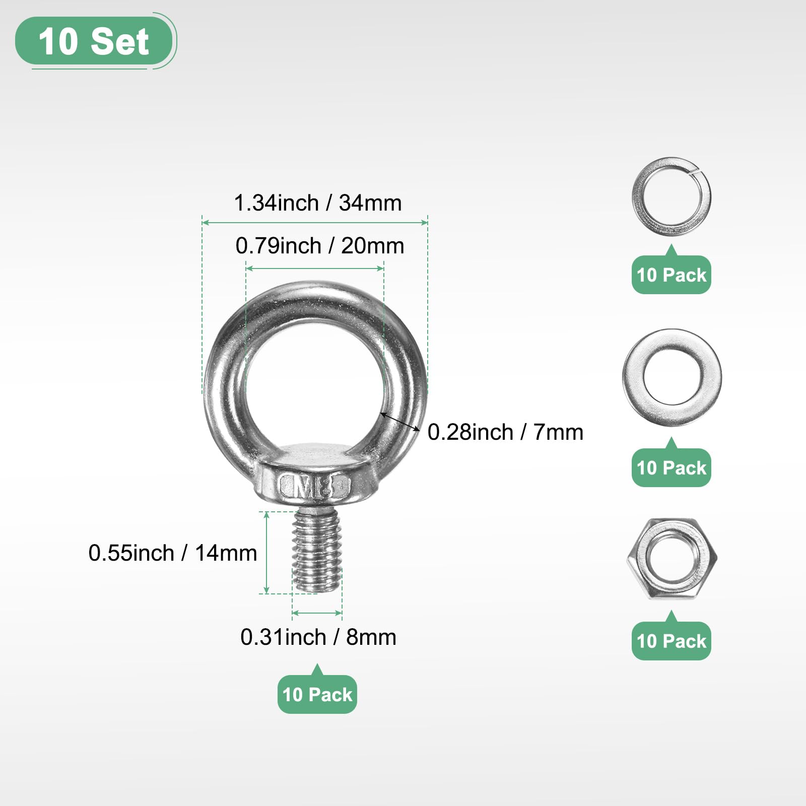 M METERXITY 10-Sets Stainless Eyebolt M8x14mm Shoulder Lifting Eye Bolt with Nuts Washers Male Screw Thread Ring Shoulder Eye Bolts Length 0.55 Inch for Suspending/Fastening - Image 3