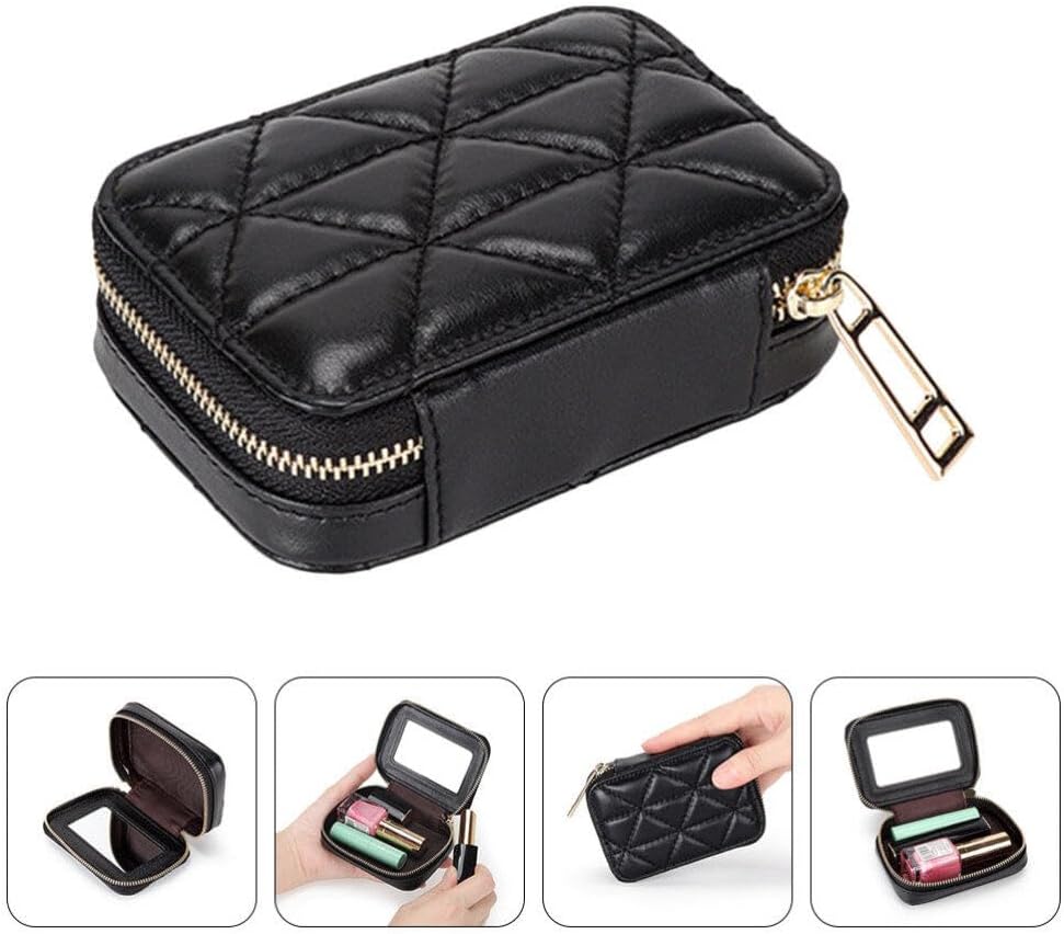 CALLARON 1pc Touch up Bag Makeup Bag with Mirror Lipstick Pouch Zip Around Wallet Make up Organizer Makeup Small Black Wallet for Women Lipstick Packing Change Storage