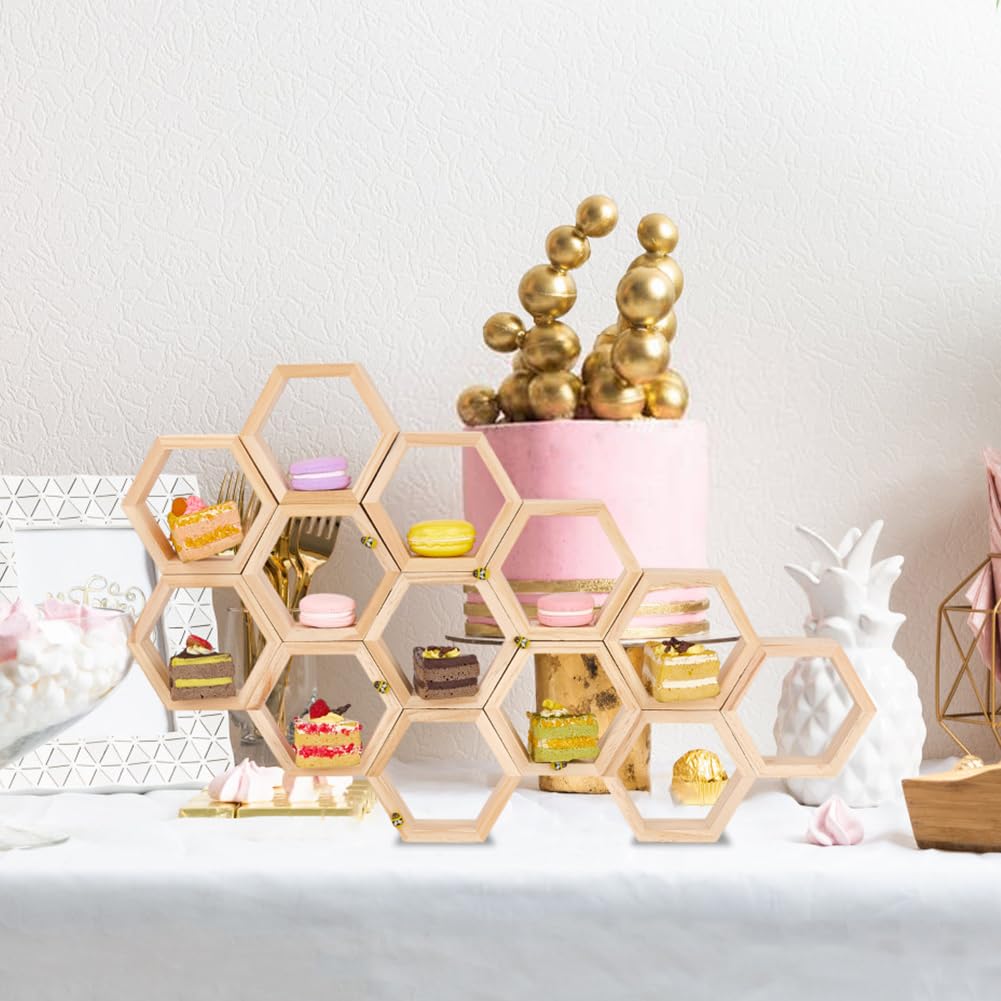 OLYCRAFT 14 soportes para cupcakes de nido de abeja hexagonales con 50 abejas pequeñas de madera y 30 pegatinas de doble cara para decoración de mesa, bodas, fiestas de cumpleaños