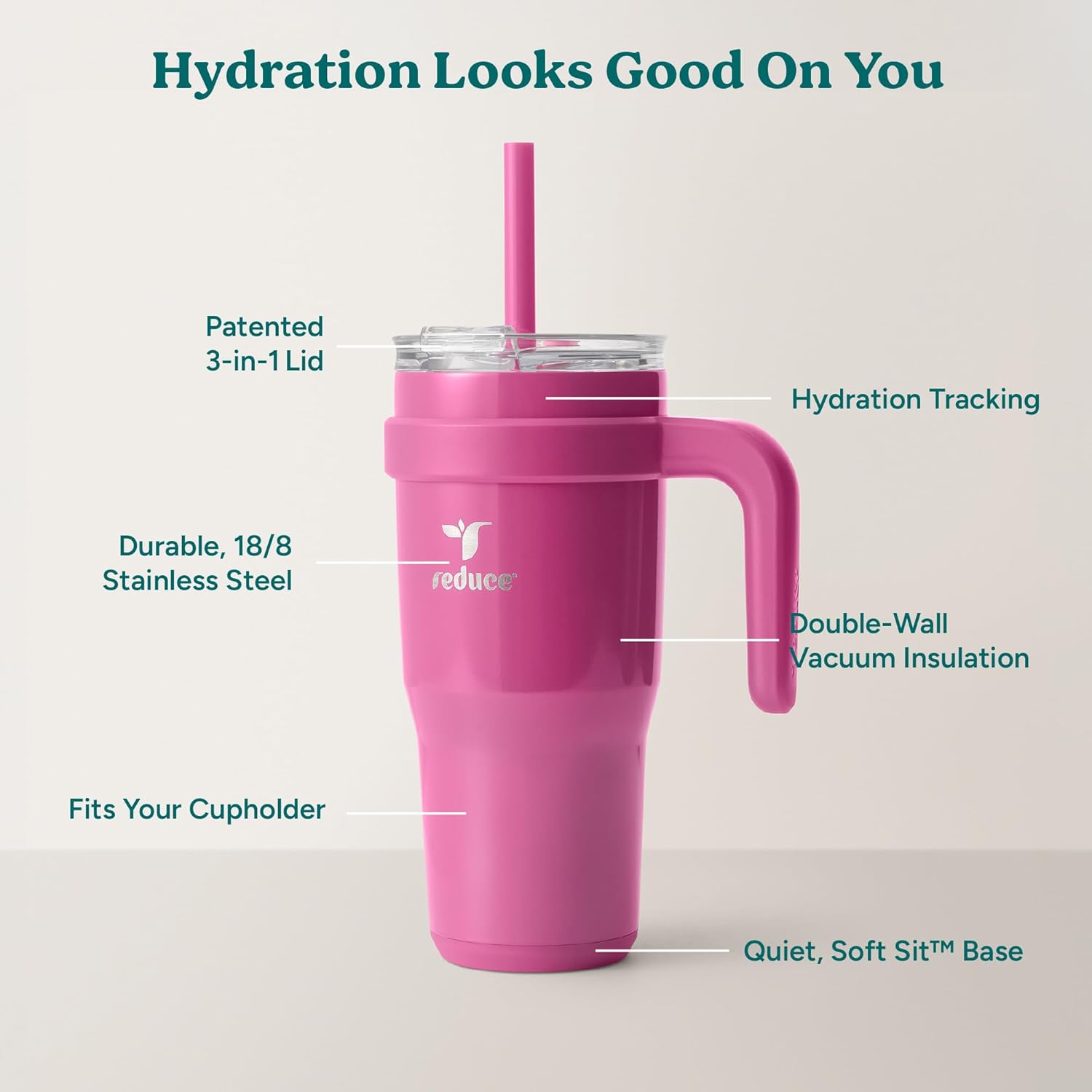 REDUCE 24 oz Stainless Steel Tumbler with Handle - Dual-Wall Vacuum Insulated Travel Mug, Sweat-Proof Lid & Reusable Straw - Keeps Drinks Cold for 24 Hrs, Fits Cupholders, Dishwasher Safe - Sangria - Image 4