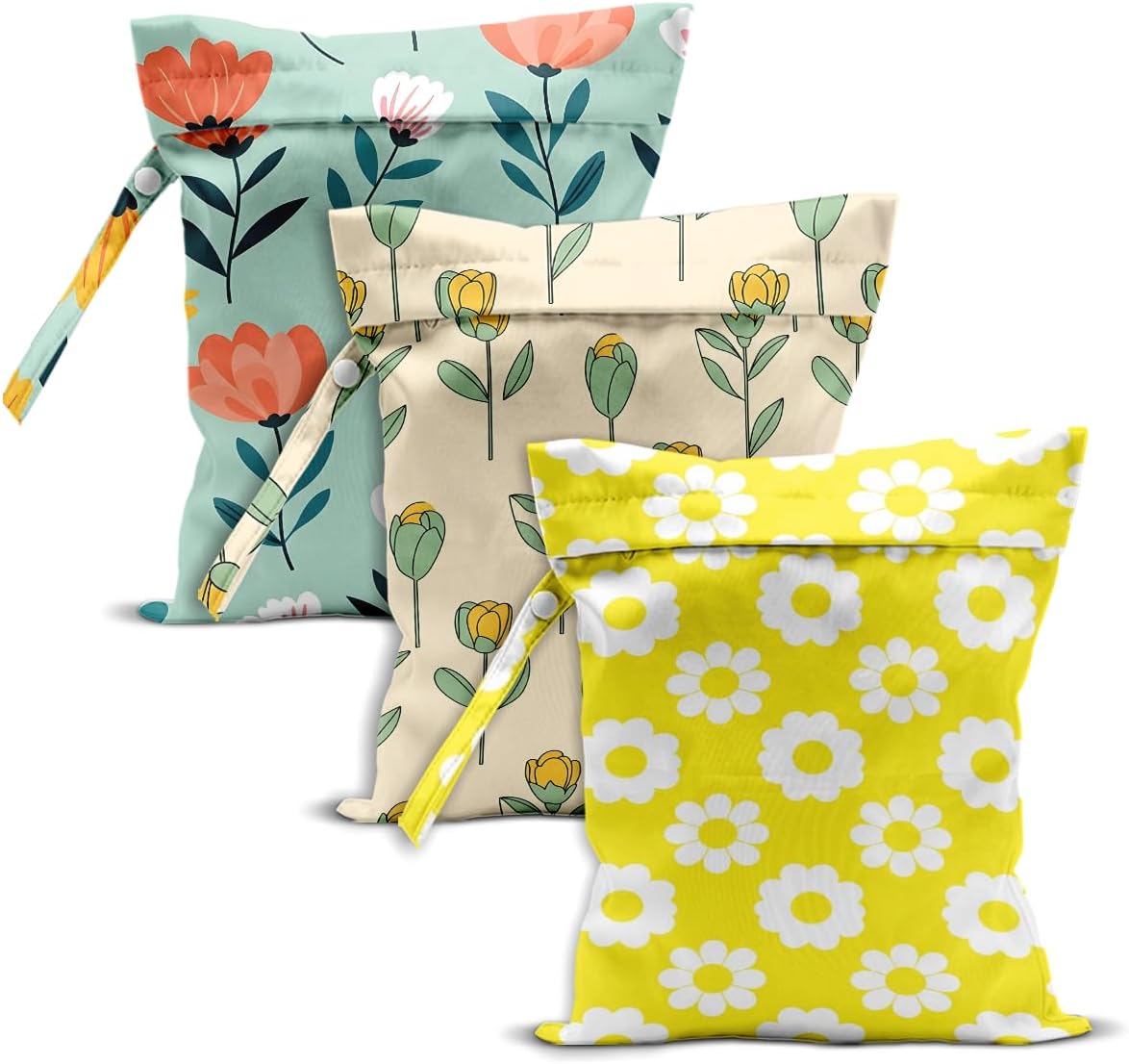 Floral Print Wet Dry Bag, Reusable Washable Waterproof Wet Bag for Swimsuit Diaper Dirty Clothes, Set of 3, Portable Storage Pouch for Travel Beach Pool Yoga Gym Camping, Colorful Daisy Tulip Pattern