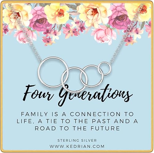 KEDRIAN Four Generations Necklace, 925 Sterling Silver, Great Grandma Gifts From Granddaughter, Grandmother Necklace, 4 Generations Necklace for Grandma, Christmas Gifts For Grandma Gifts For Birthday