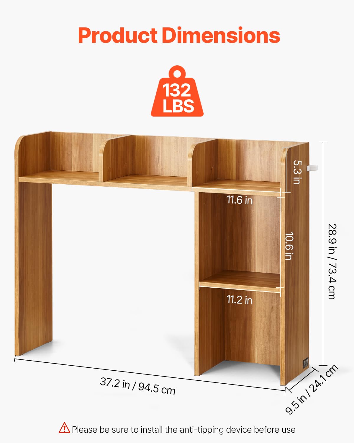 VEVOR Regał na książki na biurko, 2-poziomowy drewniany organizer do przechowywania, 94 x 24 x 73 cm, regał biurowy, regał na książki z antypoślizgowymi podkładkami, do biura, domu i akademika