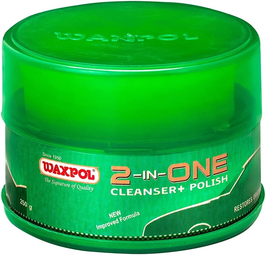 Waxpol 2-in-1 Car Cream Polish & Paint Cleaner 250g with Appliactor Sponge | Water Repellent Hydrophobic Gloss Finish Restores High Gloss Shine for Car, Bike & Scooters